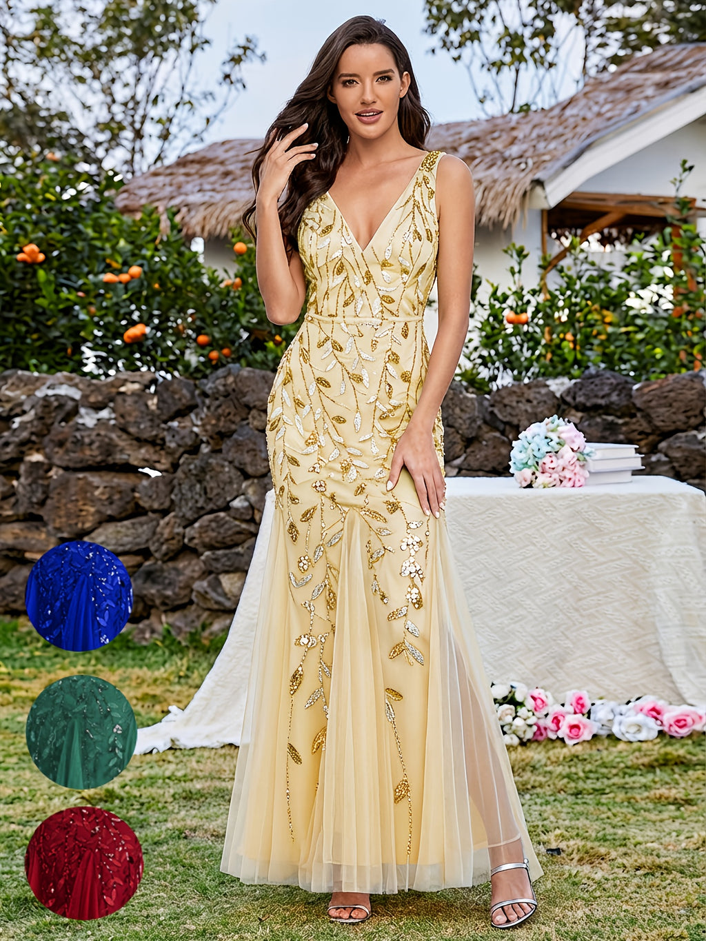 Elegant Embroidered Multi-Color Dresses, Hip-Wrapping Mermaid Skirt with Lace,  Christmas Party