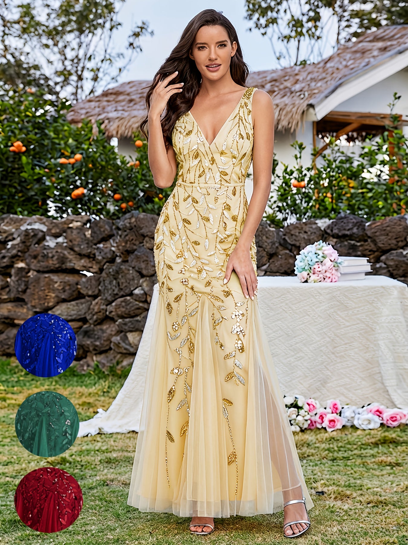 Elegant Embroidered Multi-Color Dresses, Hip-Wrapping Mermaid Skirt with Lace,  Christmas Party