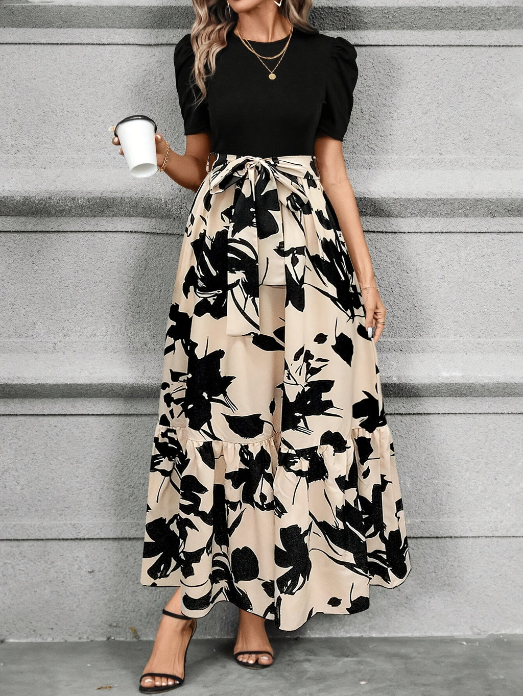 Print Midi Dress with Belt Short Sleeve