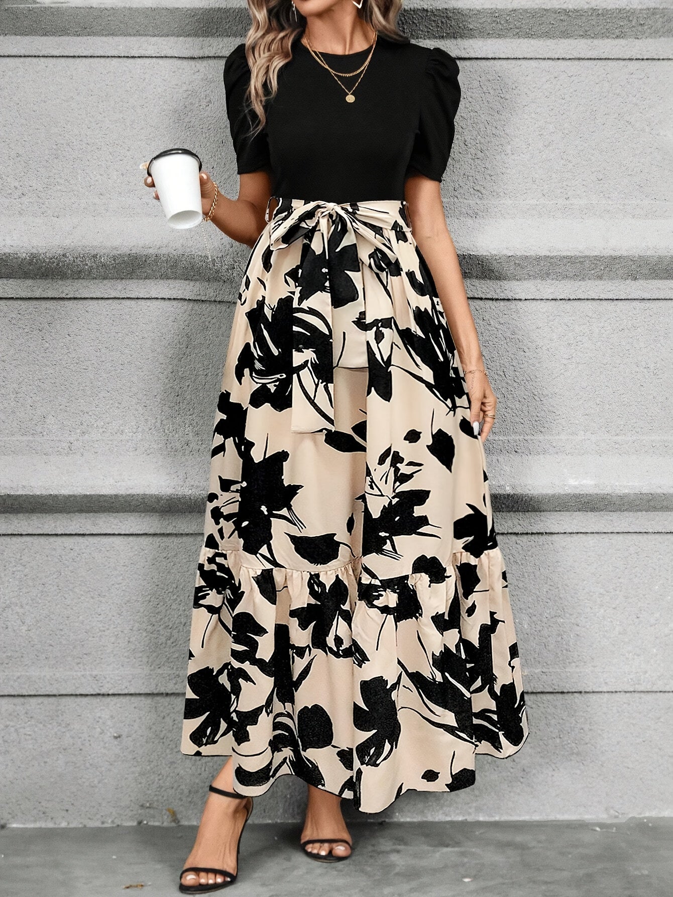 Print Midi Dress with Belt Short Sleeve