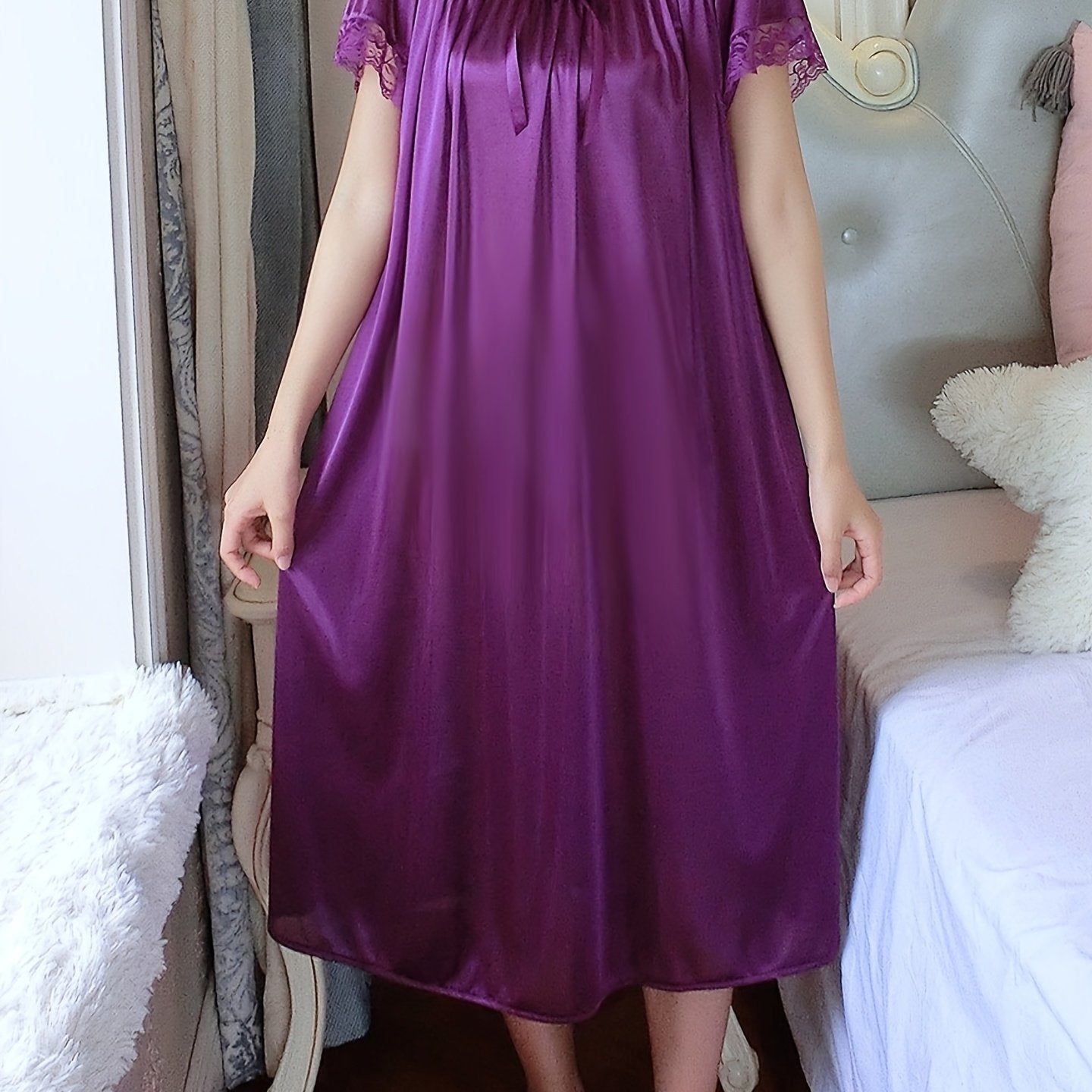 Elegant Off the Shoulder Short Sleeve Night Dress, Polyester Solid Color Slight Stretch Pullover for Adult Women, Spring/Summer Sleepwear