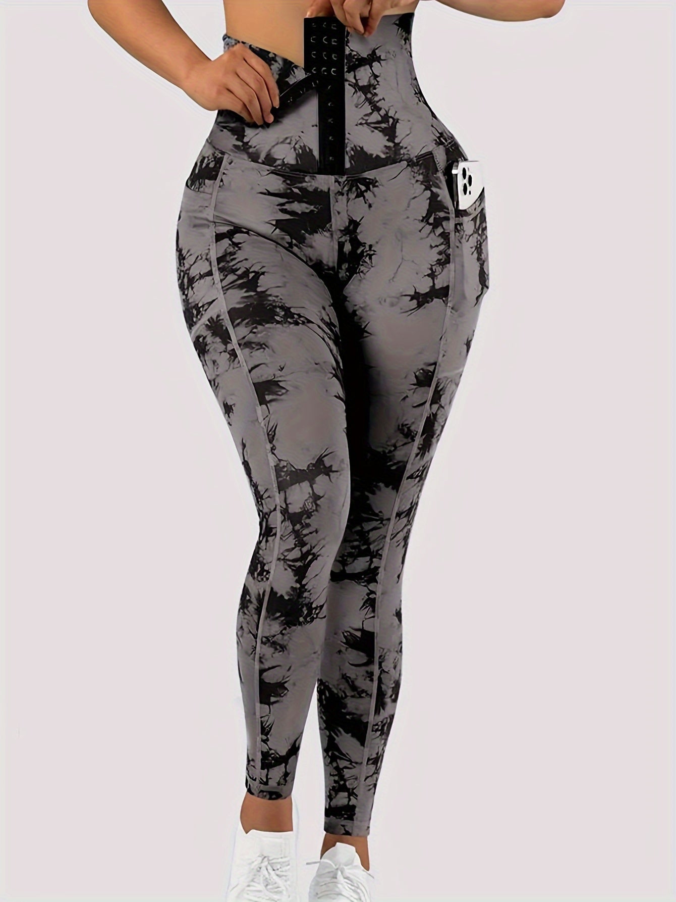 Women' High-Waist Tie-Dye Yoga Leggings with Front Button Closure & Pockets