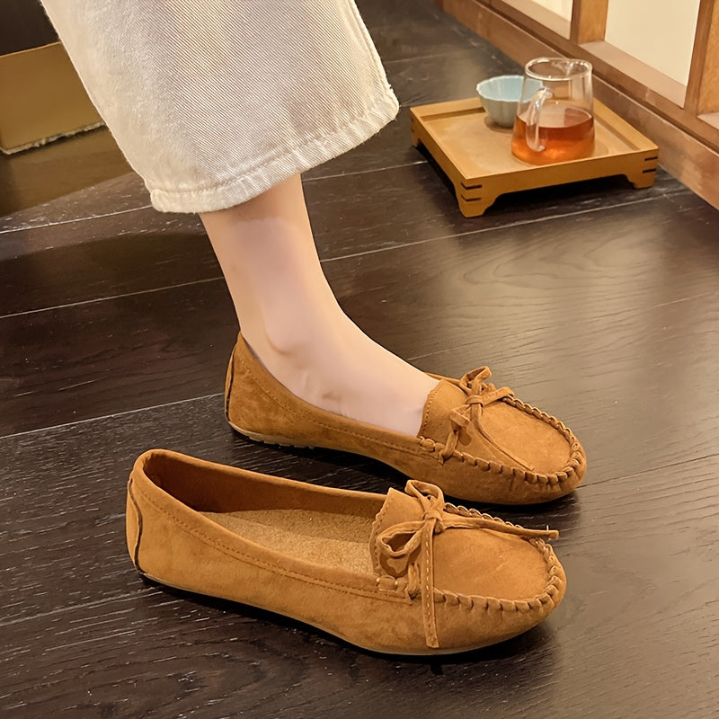 [Pair of Vintage Loafers] Vintage Style Pair of Women's Loafers | Solid Color Slip-On Flats with Bow, Suitable for All Seasons, Fashionable Retro Shoes