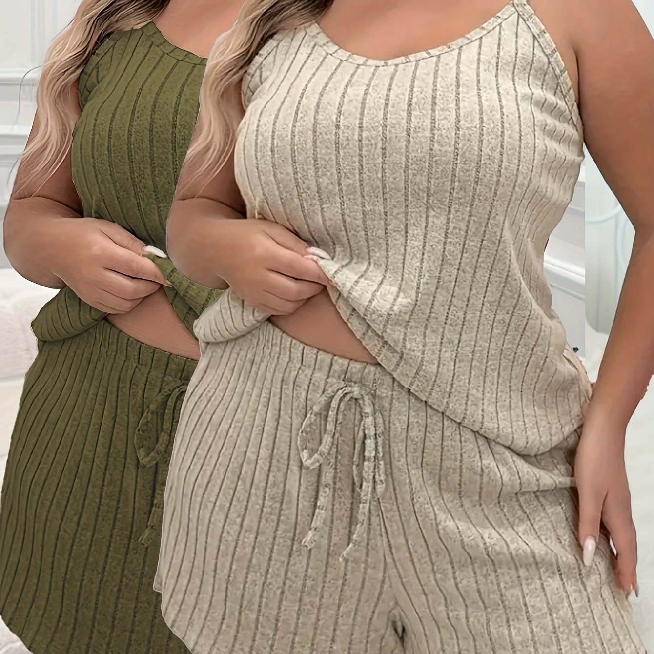 Plus Size Women's Fashion Ruched Camisole Pajama Set 2pcs Combo