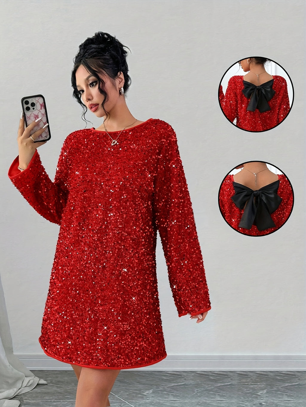 Plus Size Women's Elegant Sequined Bow-Knot Christmas Party Dress New Year and Parties