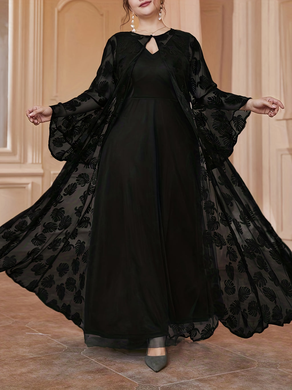 Plus Size - Elegant Round Neck Mesh Embroidery V-Neck Slim Long Dress