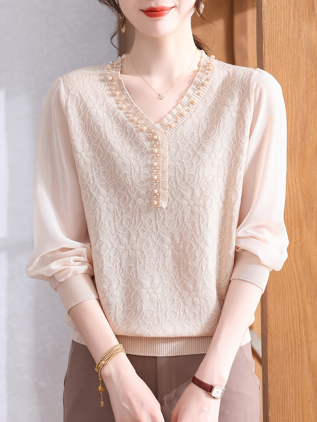 Women's Lightweight V-Neck Blouse with Beaded Detail