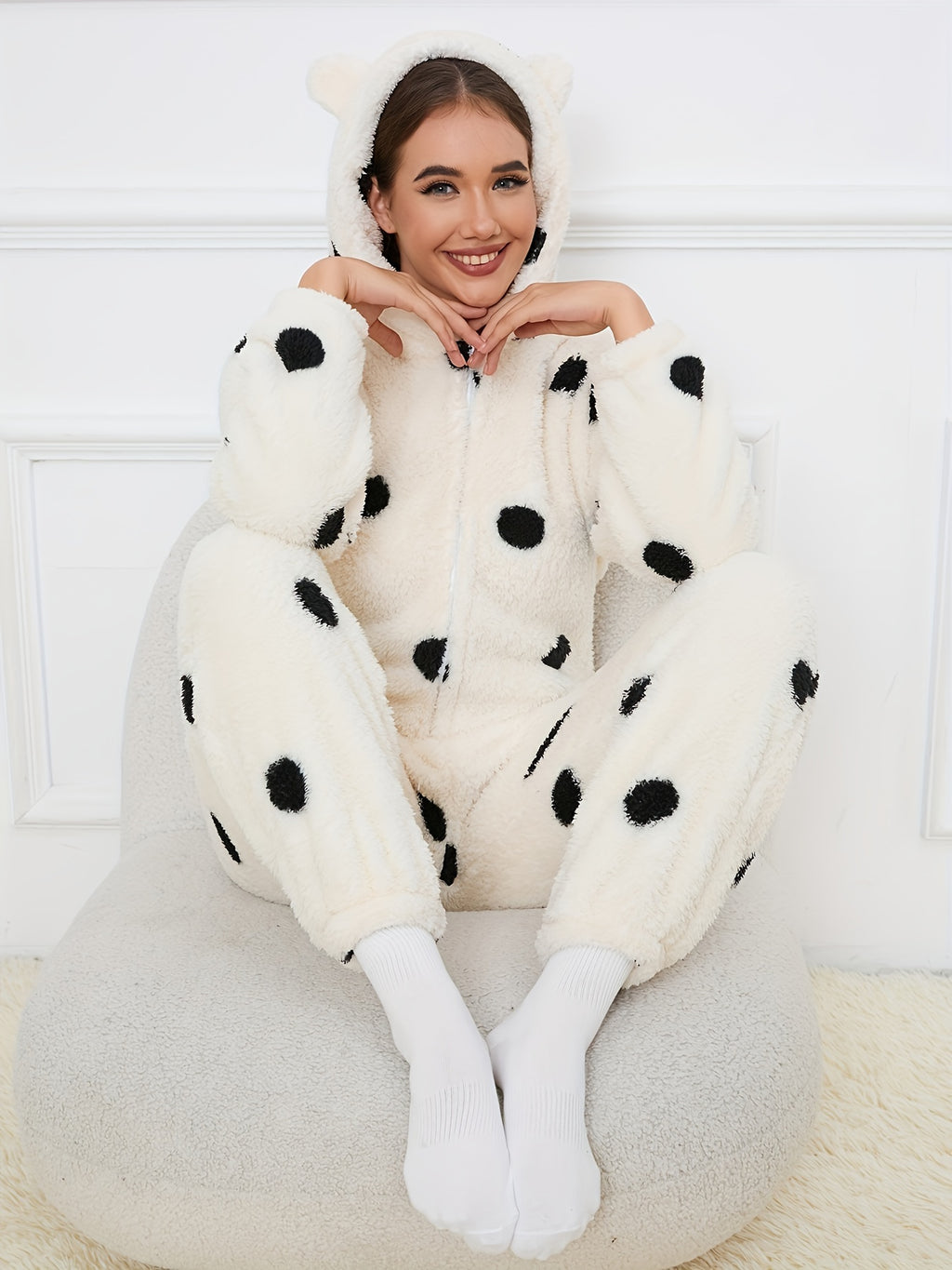 Bear Pattern Zip Up Hooded Fuzzy Jumpsuit, Elegant Long Sleeve Jumpsuit For Fall & Winter