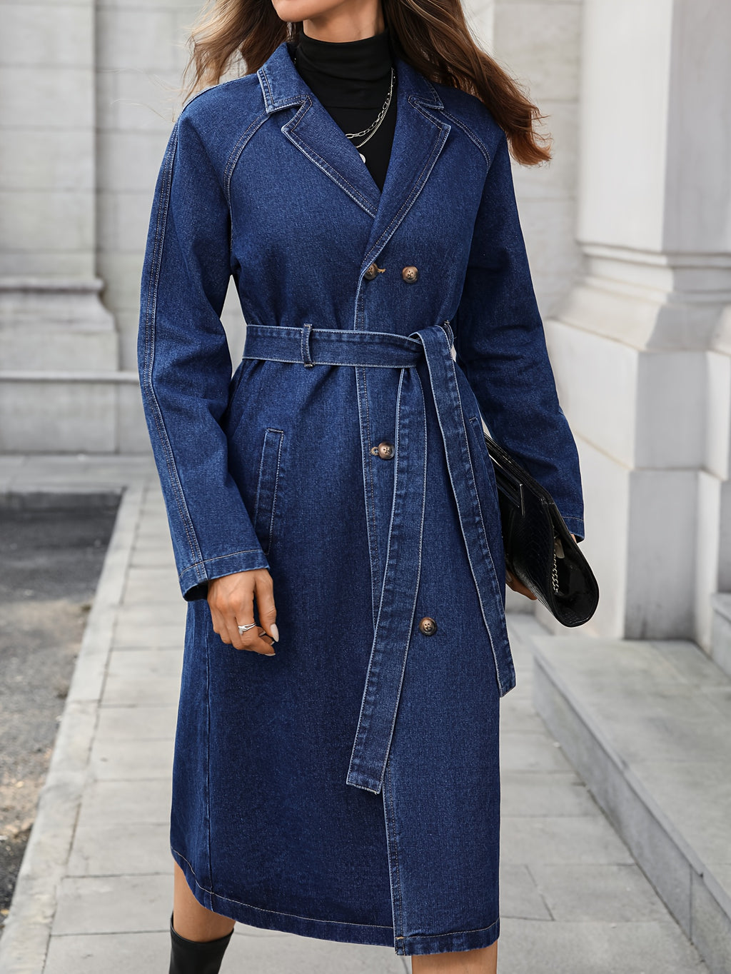 Morin Women's Long Denim Jacket - Elegant Fall/Winter Coat with Belted Waist