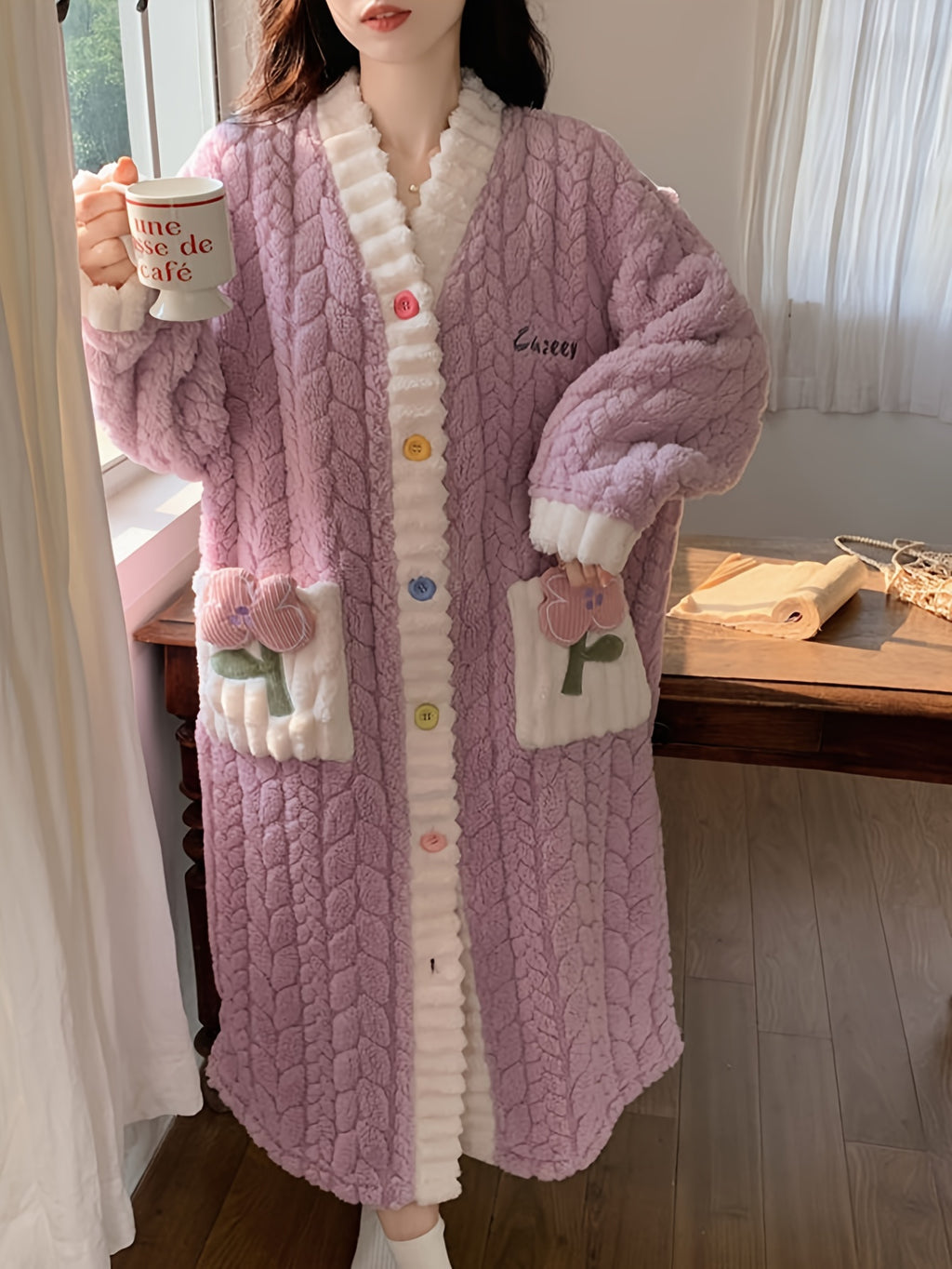 Cozy Coral Fleece V-Neck Long Sleeve Night Dress with Pockets - Plus Size Sleepwear