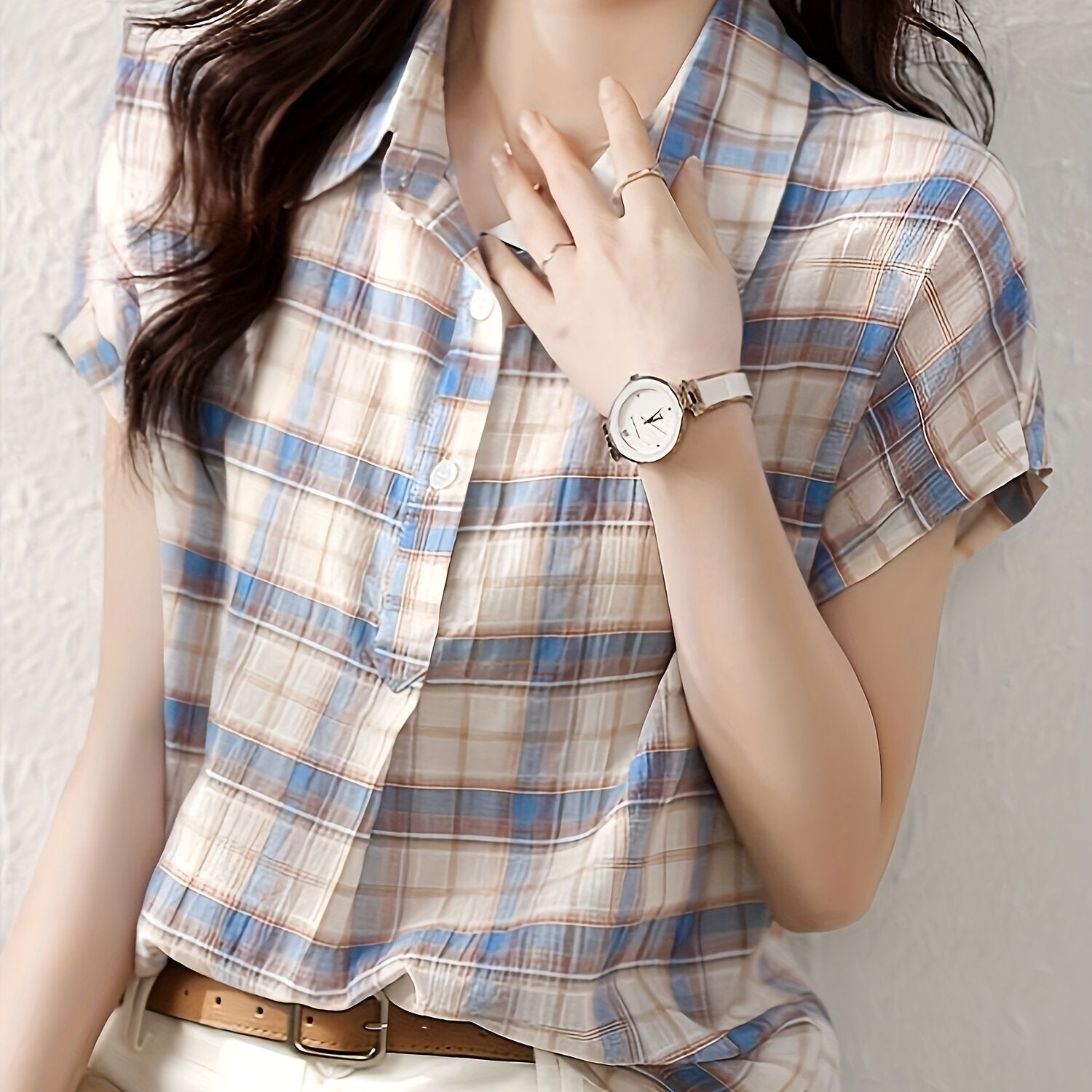 Women's Casual Plaid Blouse - Short Sleeve, Button-Up with Lapel Collar