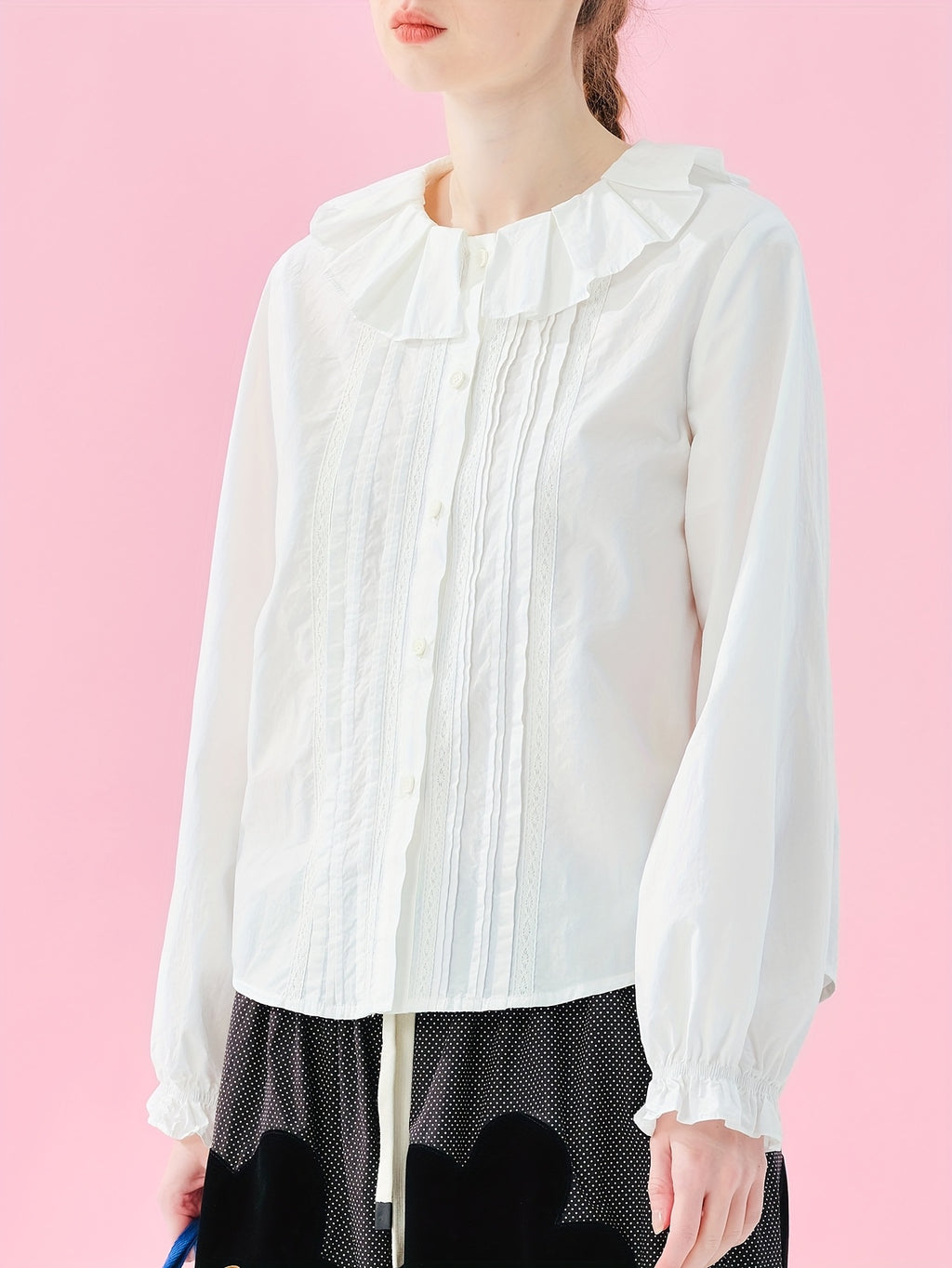 Women's Elegant Lace Trim Blouse - Long Sleeve Button-Front Shirt with Ruffled Collar
