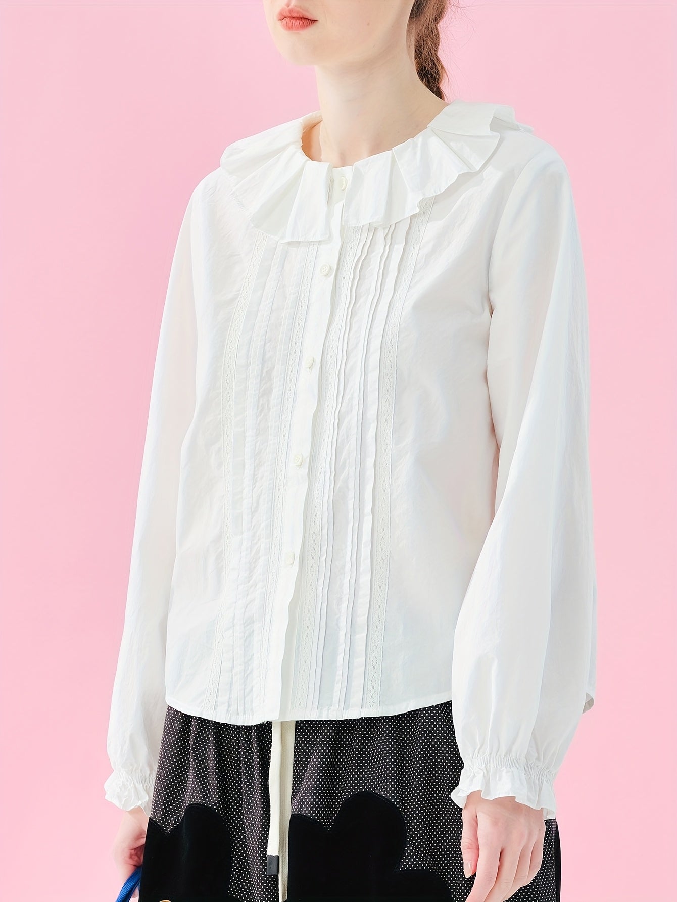 Women's Elegant Lace Trim Blouse - Long Sleeve Button-Front Shirt with Ruffled Collar