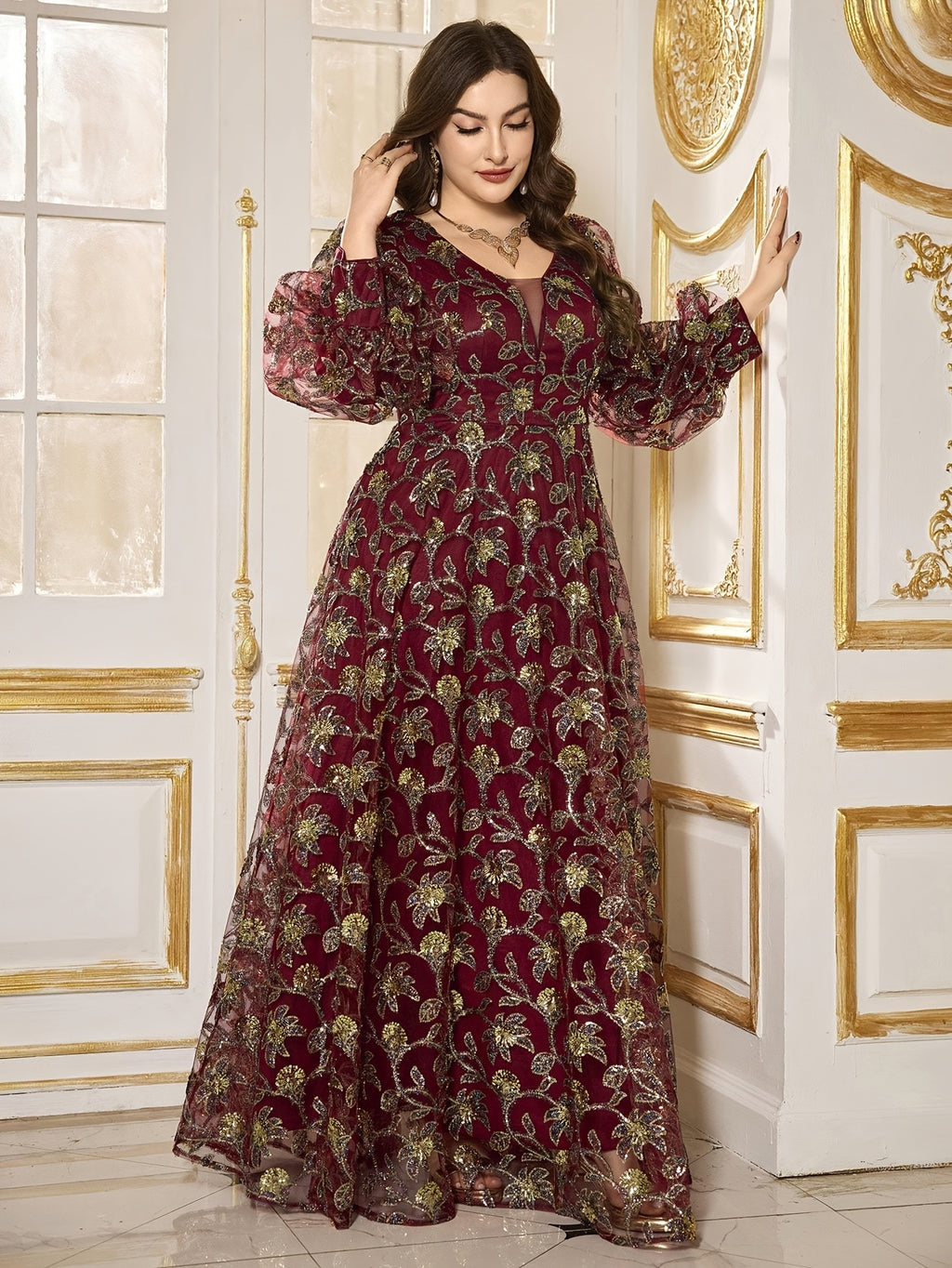 Women's Plus Size Elegant V-Neck Lantern Sleeve Maxi Dress