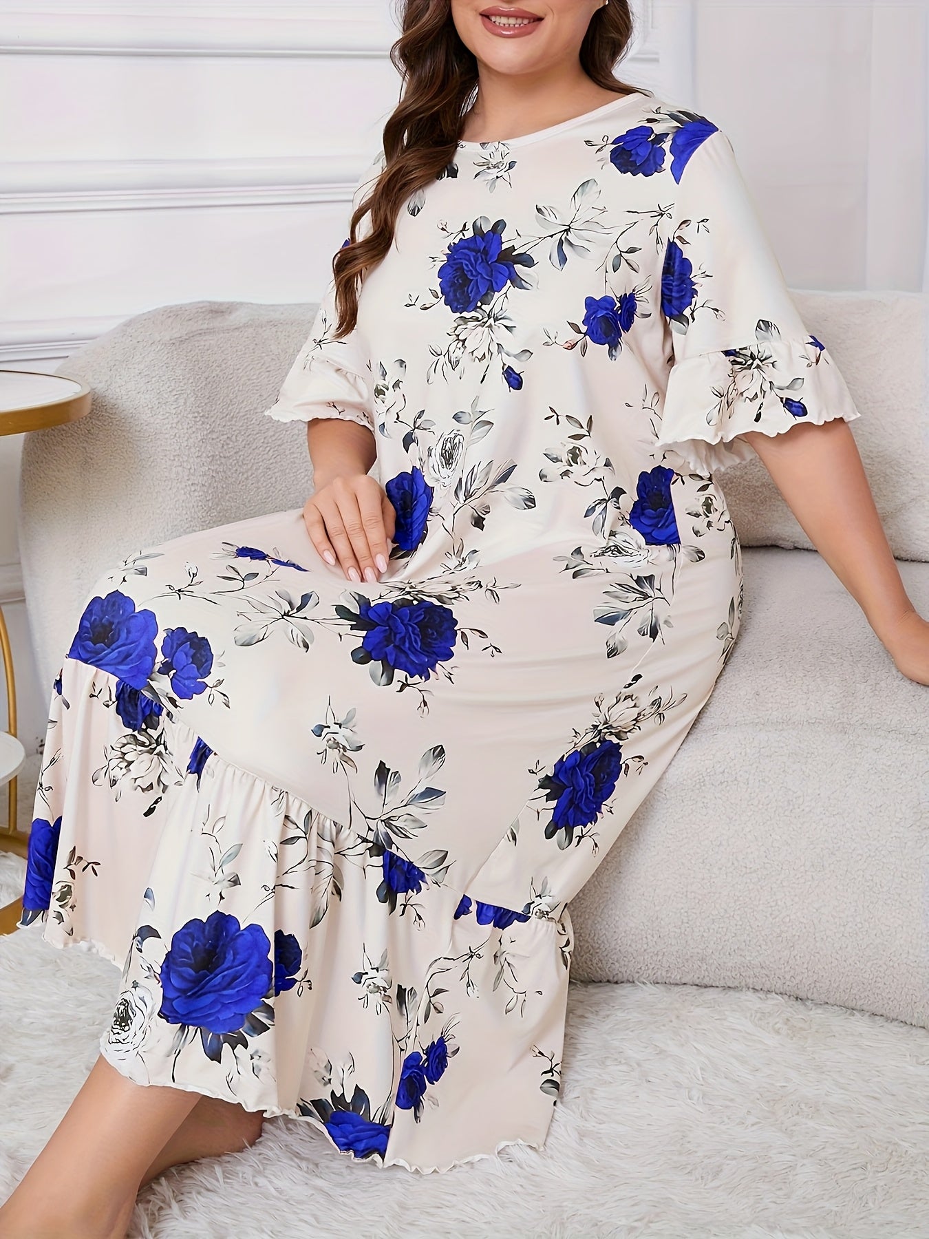 Elegant Floral Print Plus Size Nightgown