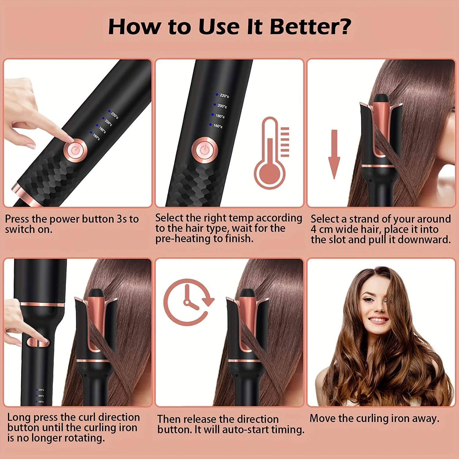 360° Rotating Hair Curler with 4-Speed Adjustable Temperature