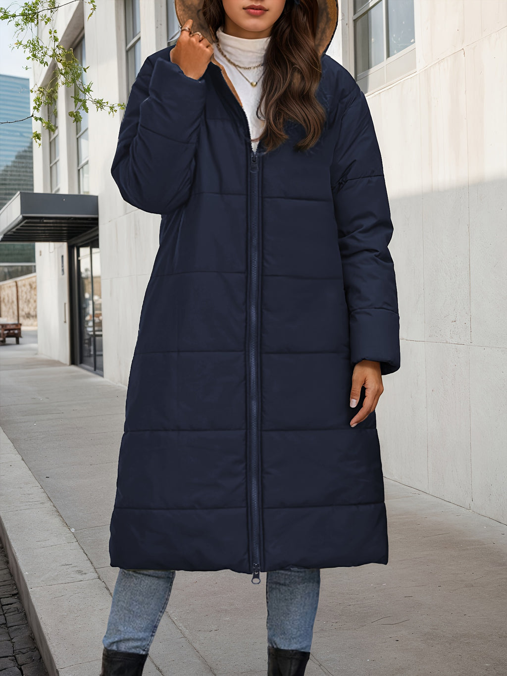Women's Elegant Plush-Like Quilted Hooded Coat - Long Winter Jacket with Hood