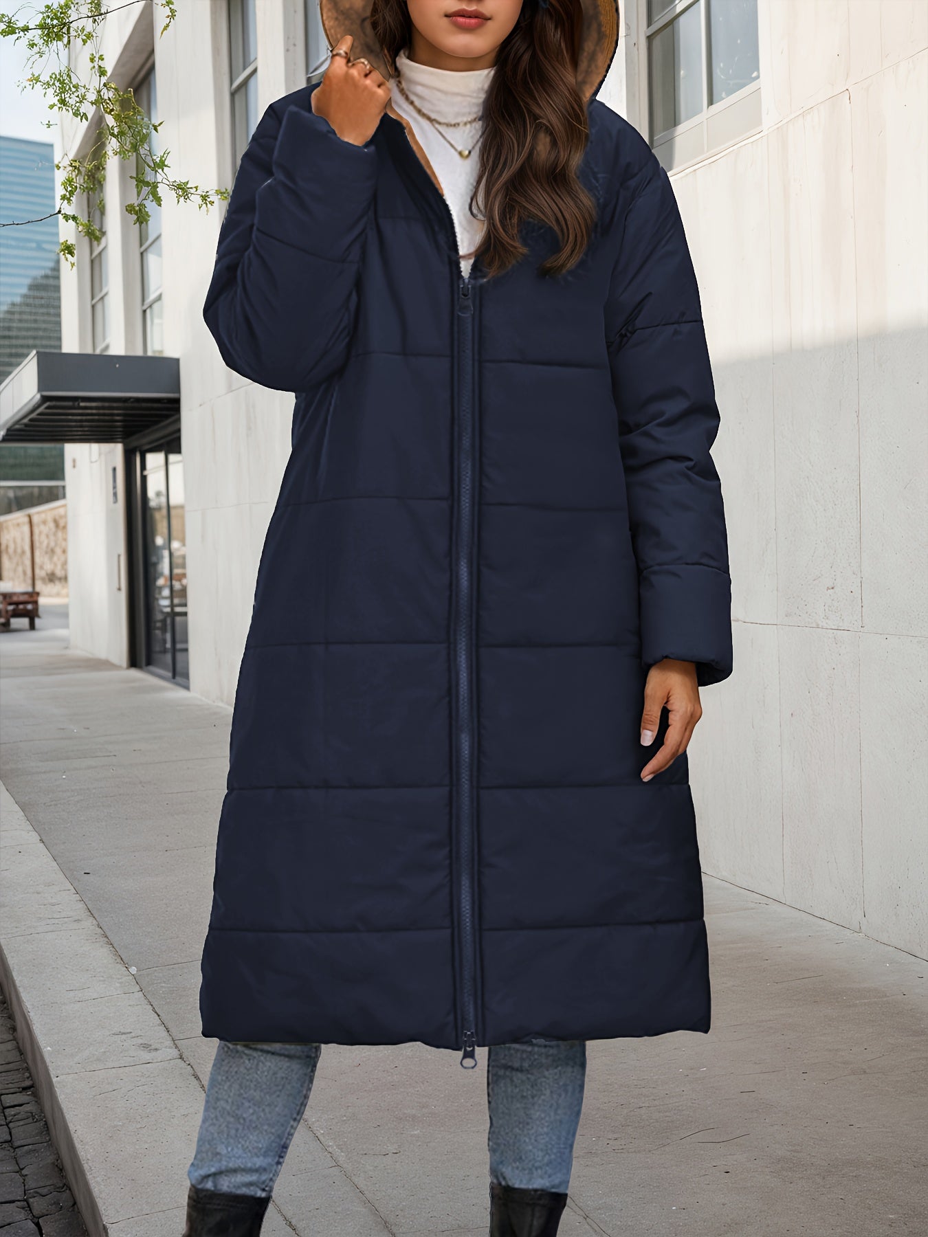 Women's Elegant Plush-Like Quilted Hooded Coat - Long Winter Jacket with Hood
