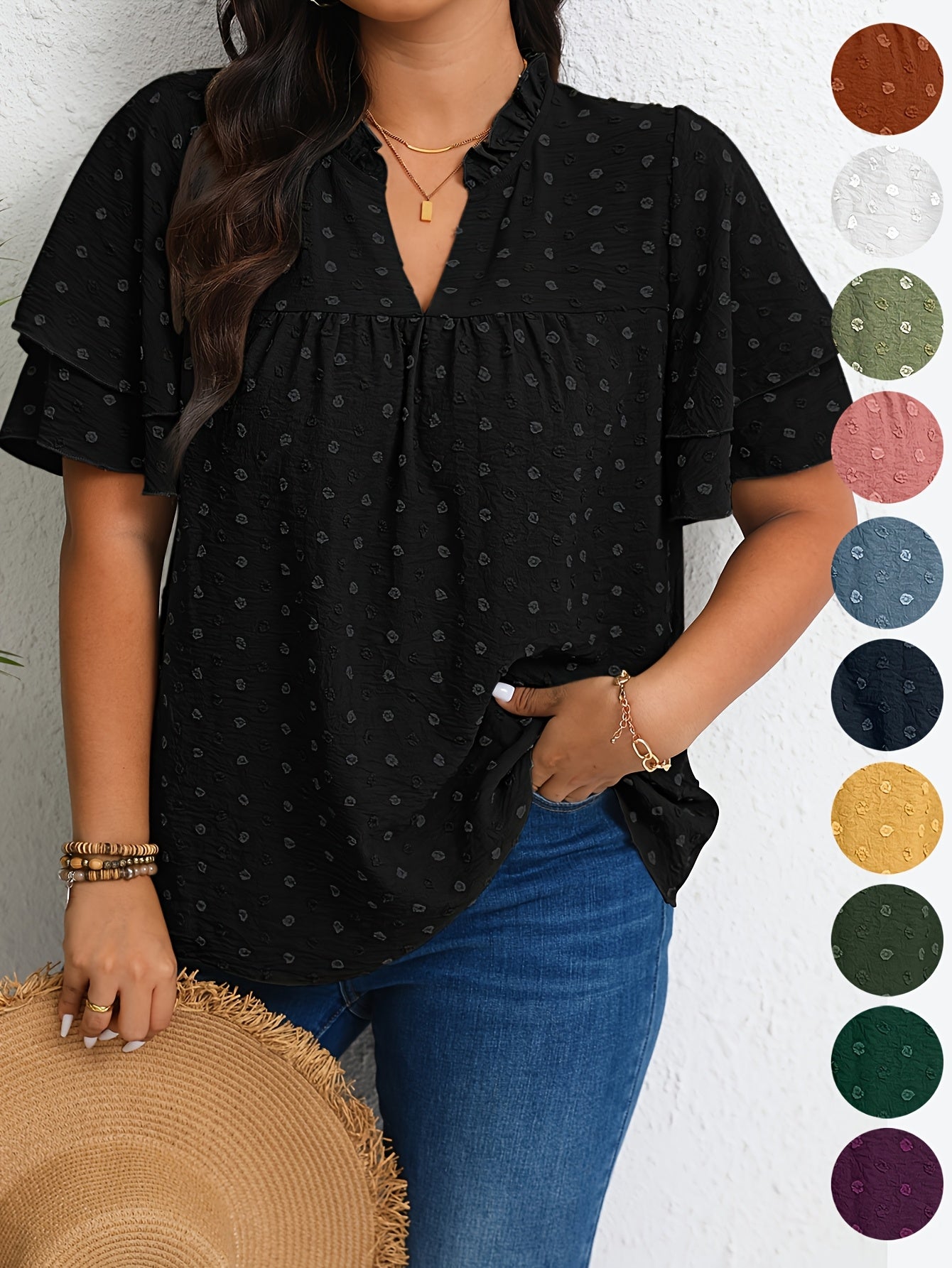 Plus Size Women's Casual V-Neck Blouse with Ruffled Short Sleeves