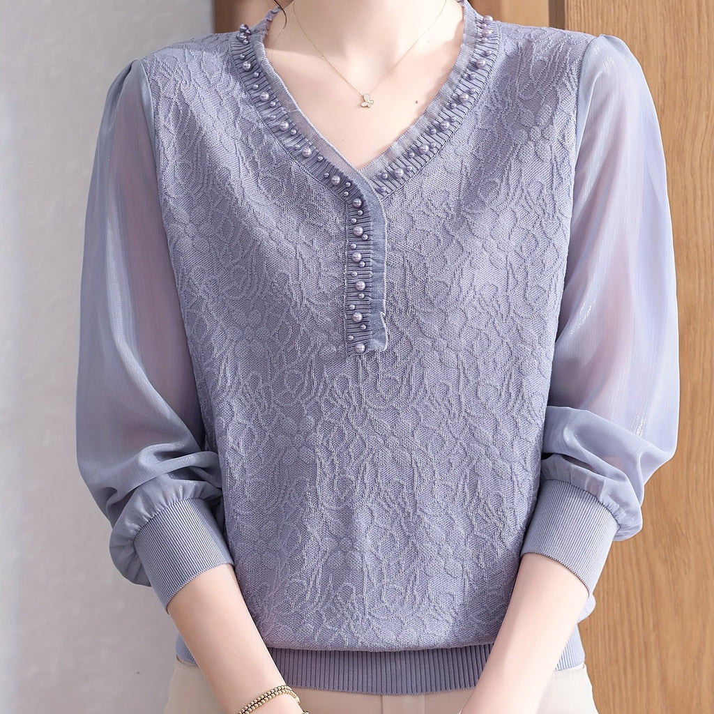 Women's Lightweight V-Neck Blouse with Beaded Detail