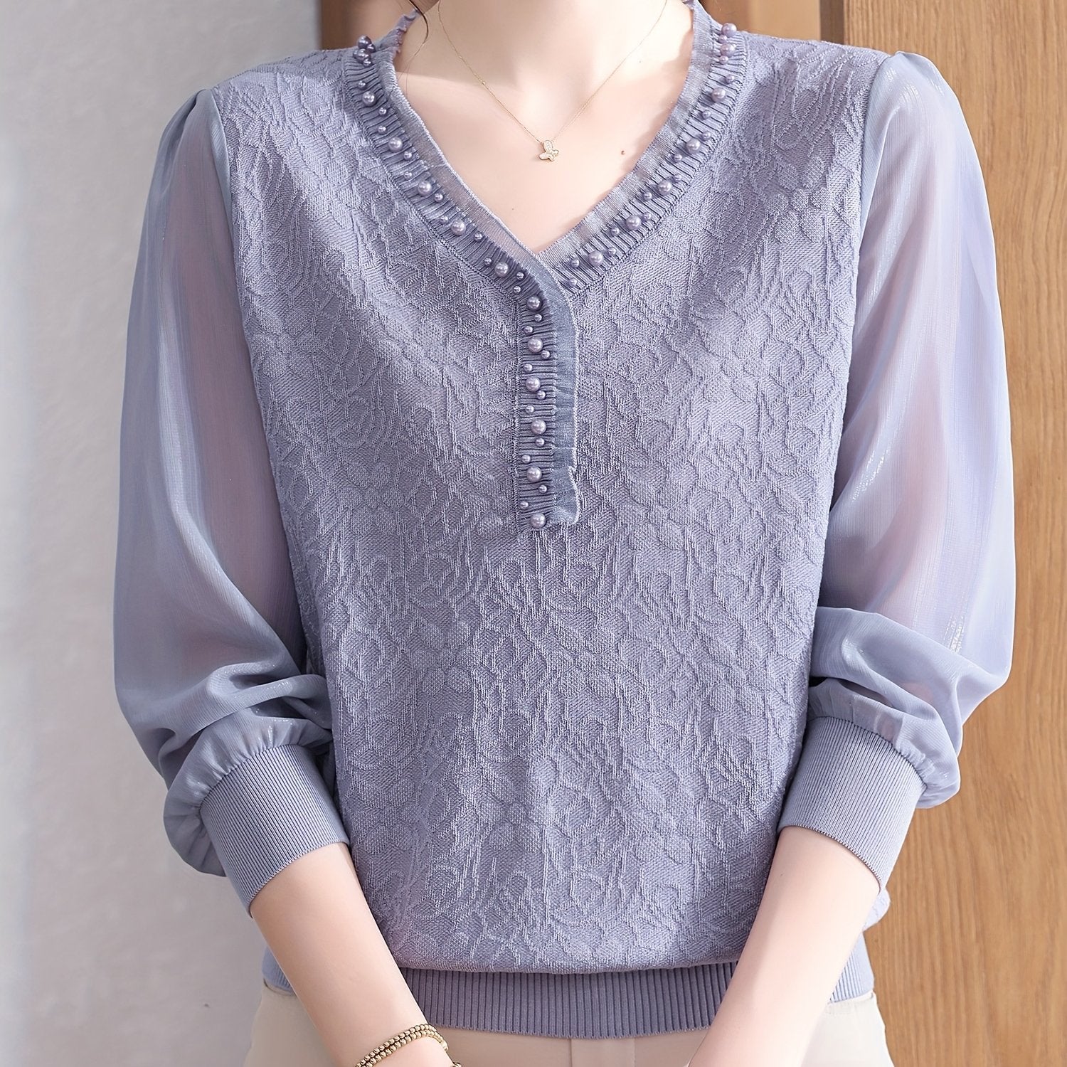 Women's Lightweight V-Neck Blouse with Beaded Detail