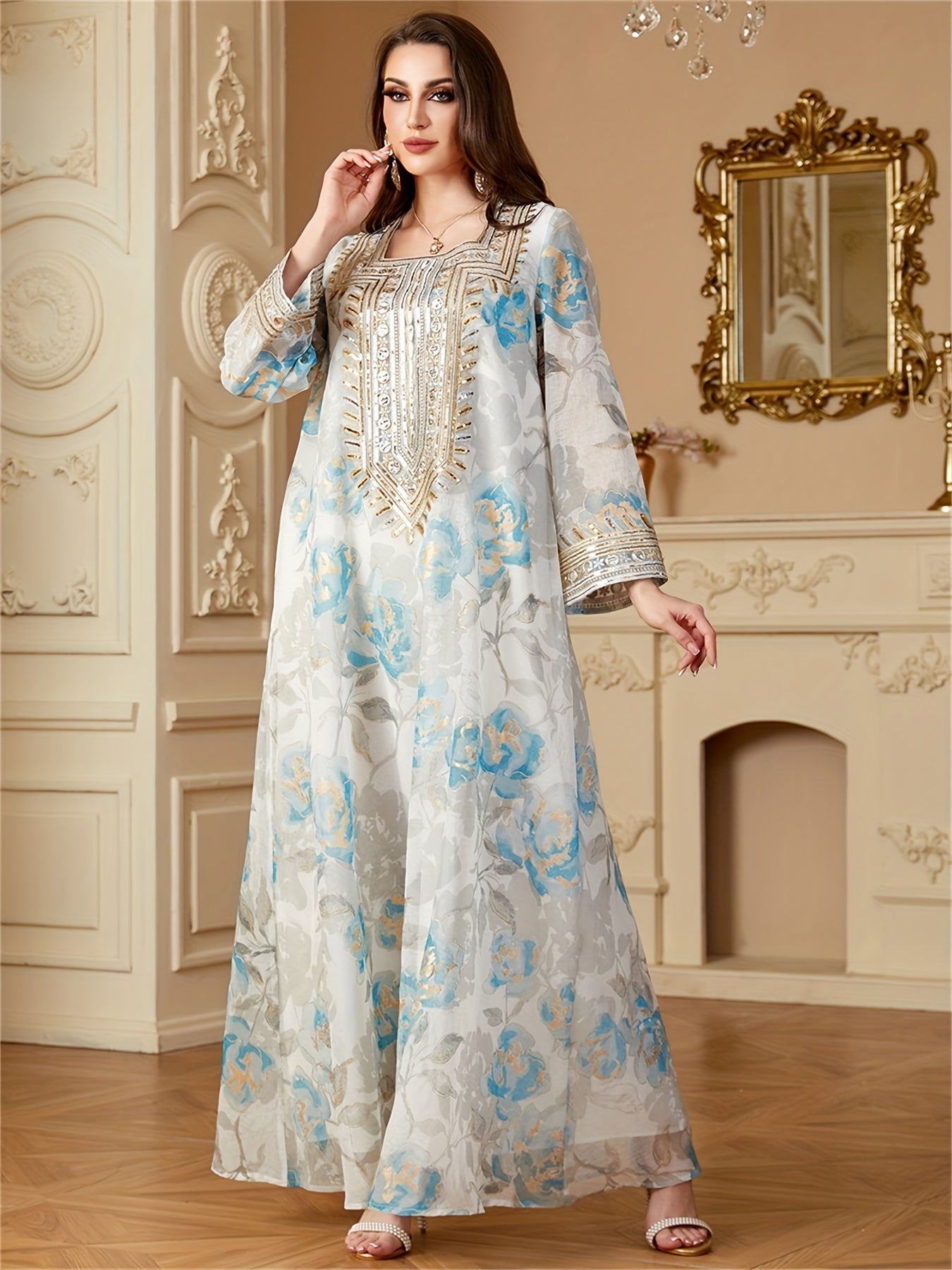 Floral Print Abaya Sequins Patchwork Loose Kaftan Elegant Dresses
