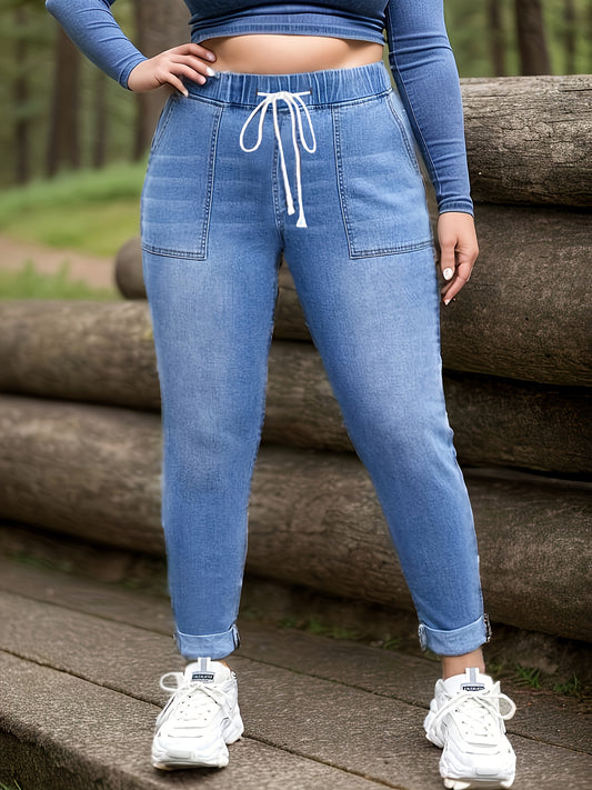 Women's Plus Washed Elastic Drawstring High Rise High Stretch Jeans