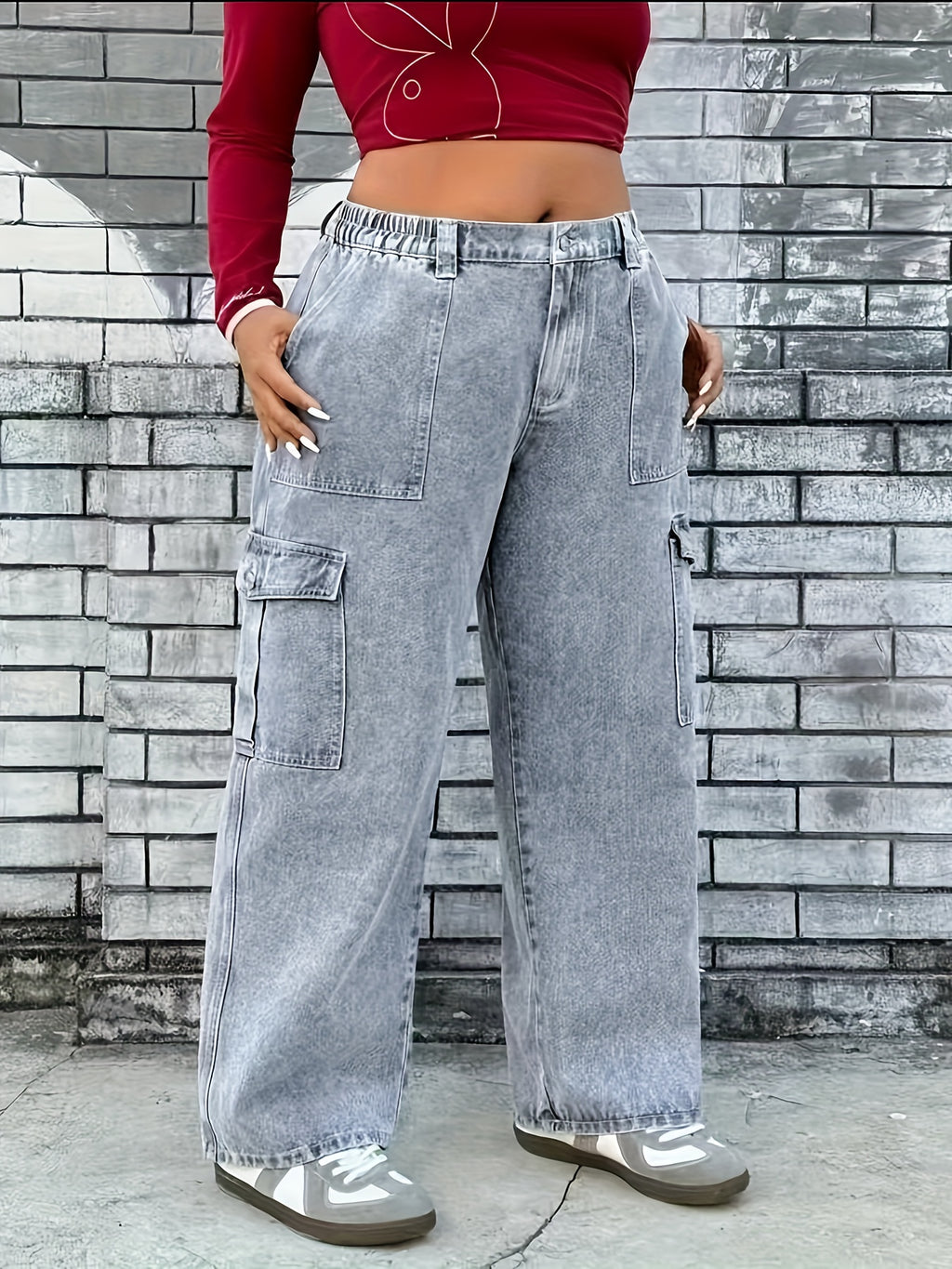 Women's Plus Size Light Blue Cargo Jeans - High-Stretch Denim with Pockets, Casual Style