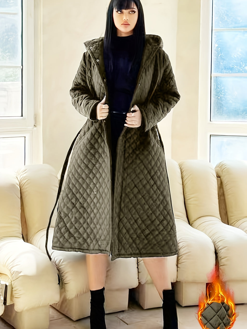 Elegant Fashion Quilted Over-the-Knee Dress with a Loose Hooded Design, Featuring a Belt for Women.