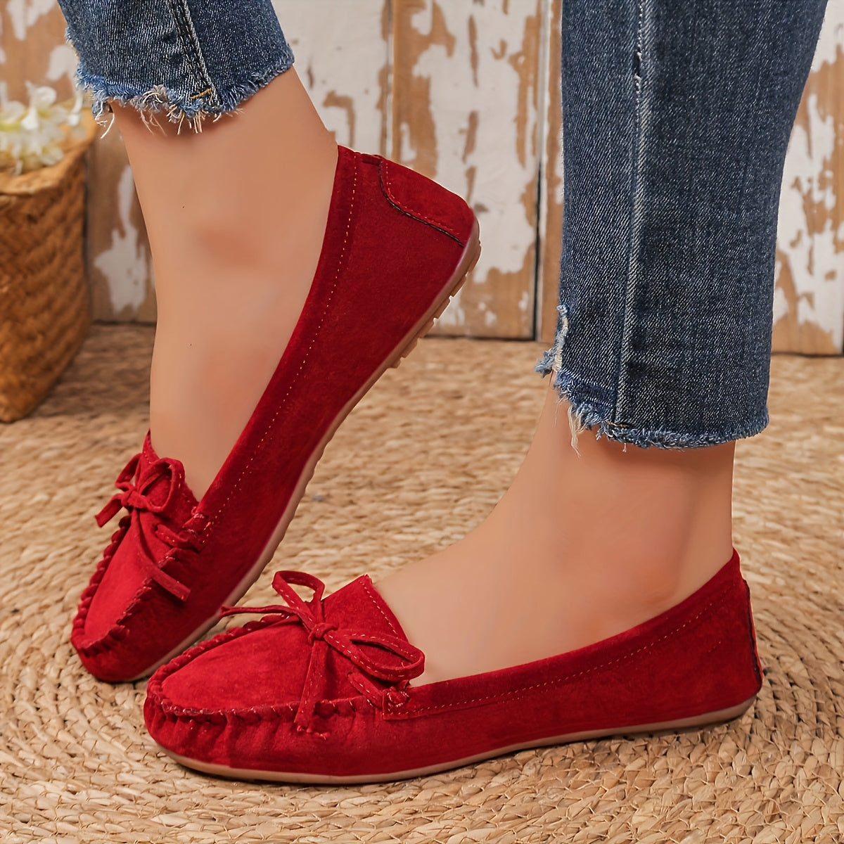 [Pair of Vintage Loafers] Vintage Style Pair of Women's Loafers | Solid Color Slip-On Flats with Bow, Suitable for All Seasons, Fashionable Retro Shoes