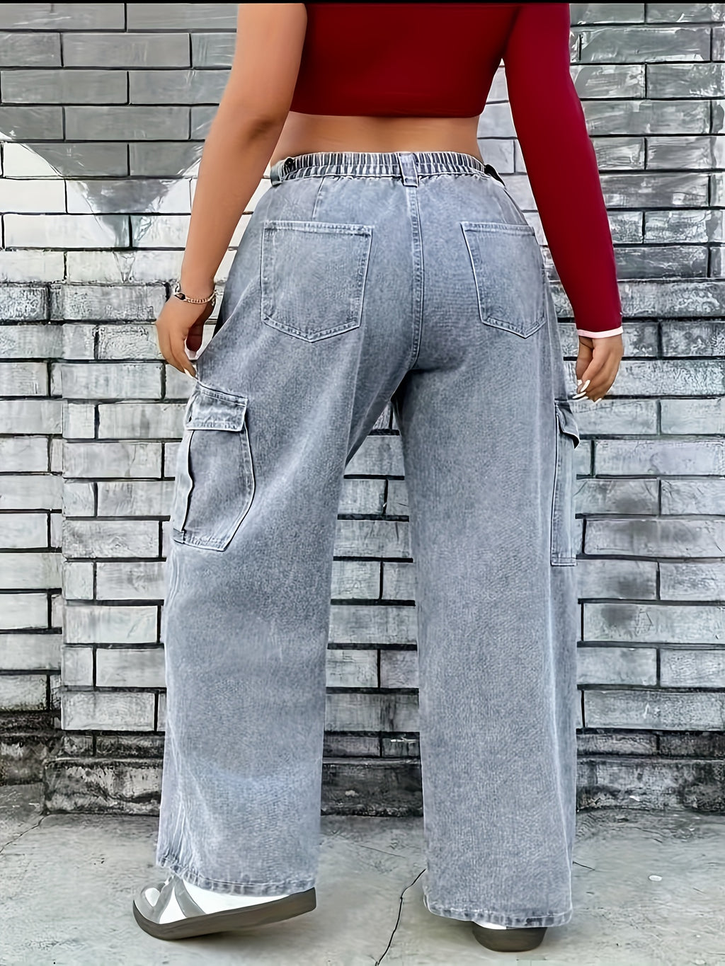 Women's Plus Size Light Blue Cargo Jeans - High-Stretch Denim with Pockets, Casual Style