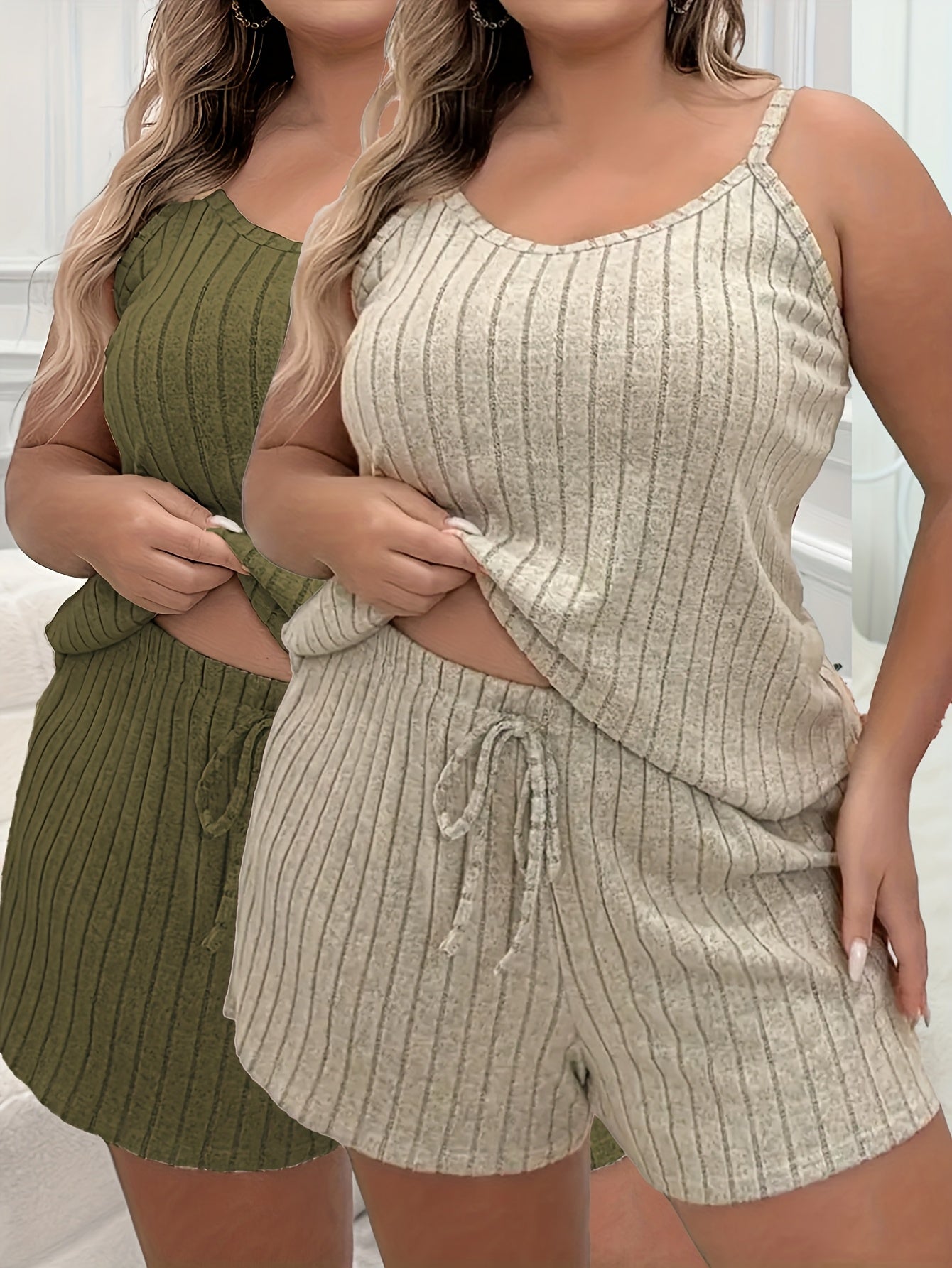 Plus Size Women's Fashion Ruched Camisole Pajama Set 2pcs Combo