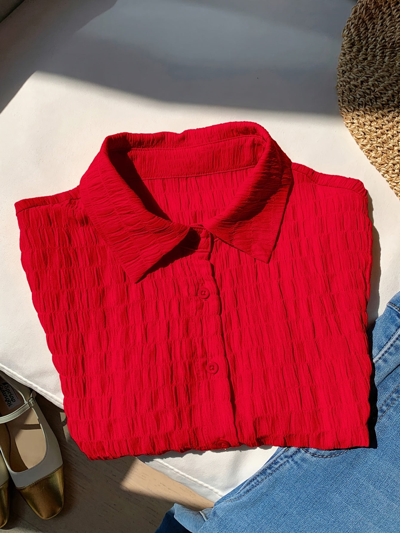 Women's Elegant Solid Red Open Collar Short Sleeve Shirt