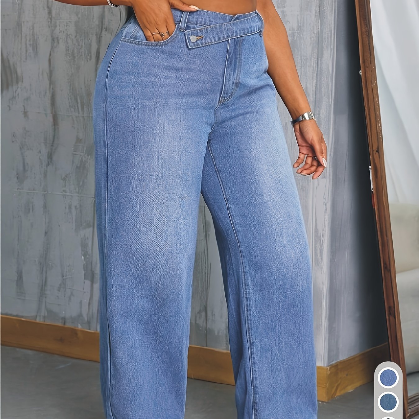 Plus Size & Oversized Jeans Pants - Wide-Leg H-Line Trousers with Beltless Waist