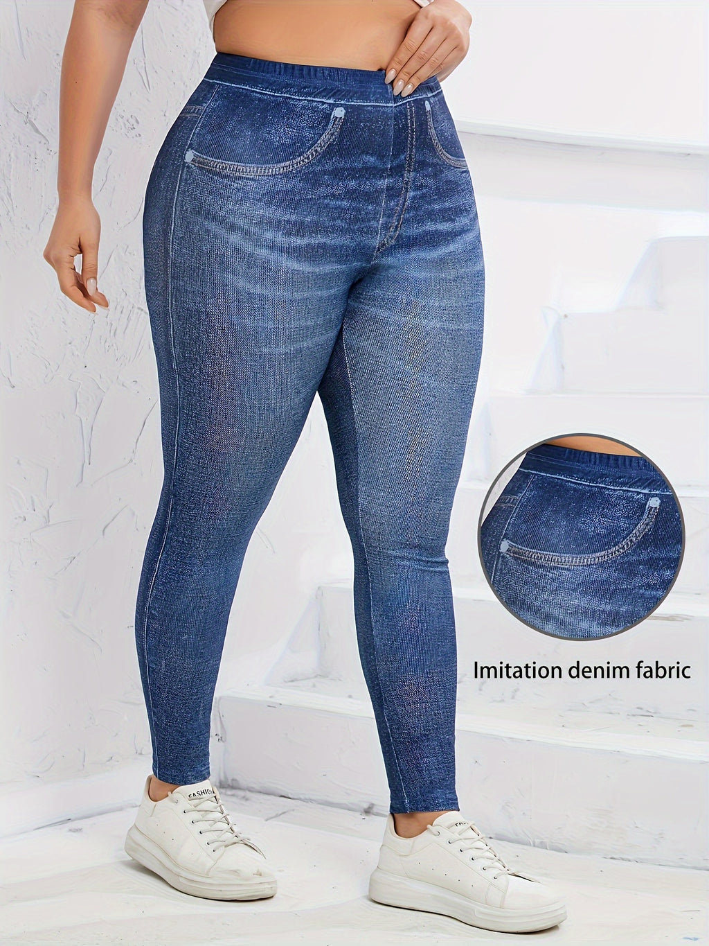 Plus Size Faux Denim Leggings - Ultra-Comfy High Waist Stretchy Design