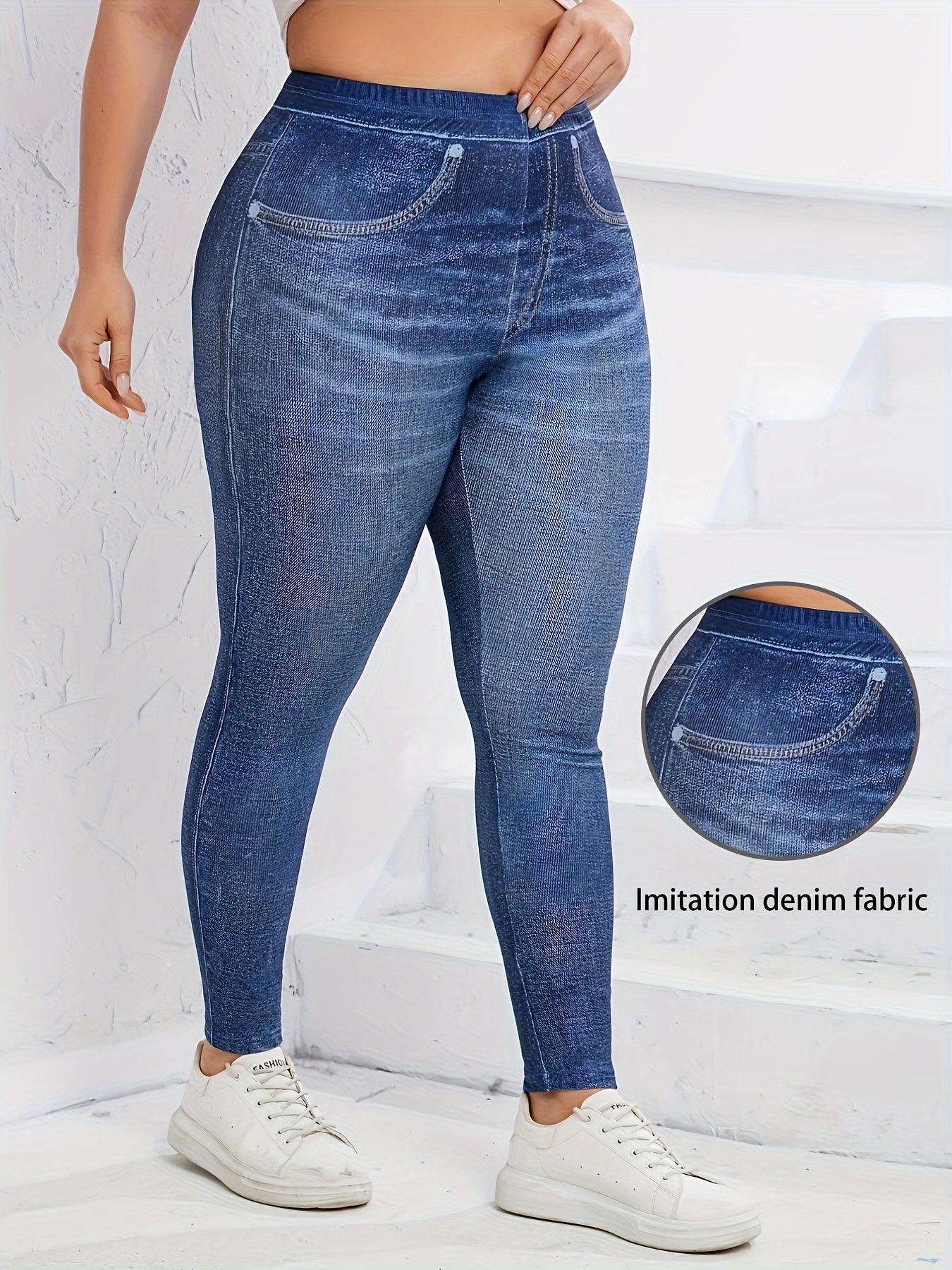 Plus Size Faux Denim Leggings - Ultra-Comfy High Waist Stretchy Design