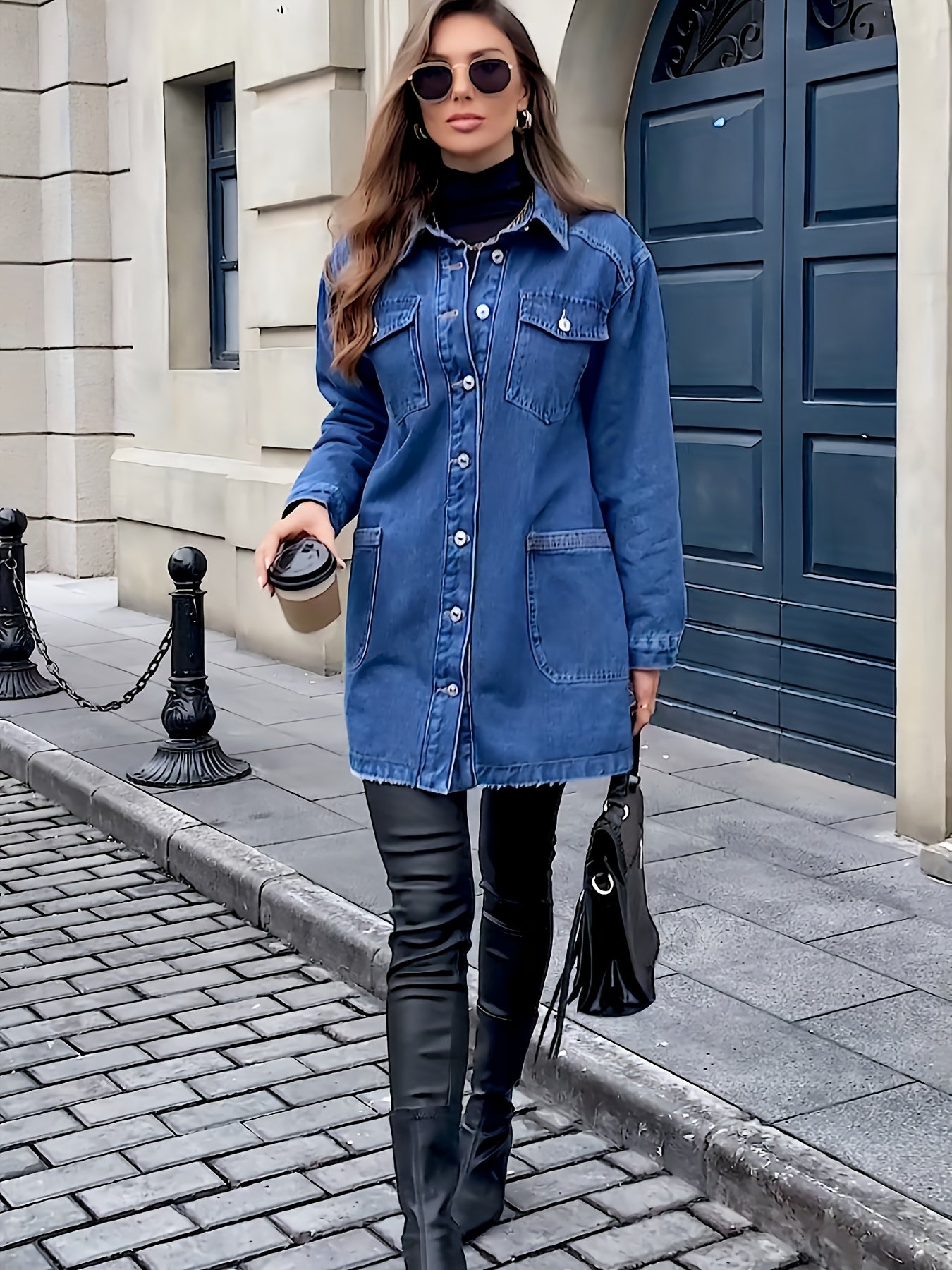 Morin's Elegant Heavy-Duty Mid-Length Denim Jacket with Golden-Tone Hardware & Multiple Chest Pockets