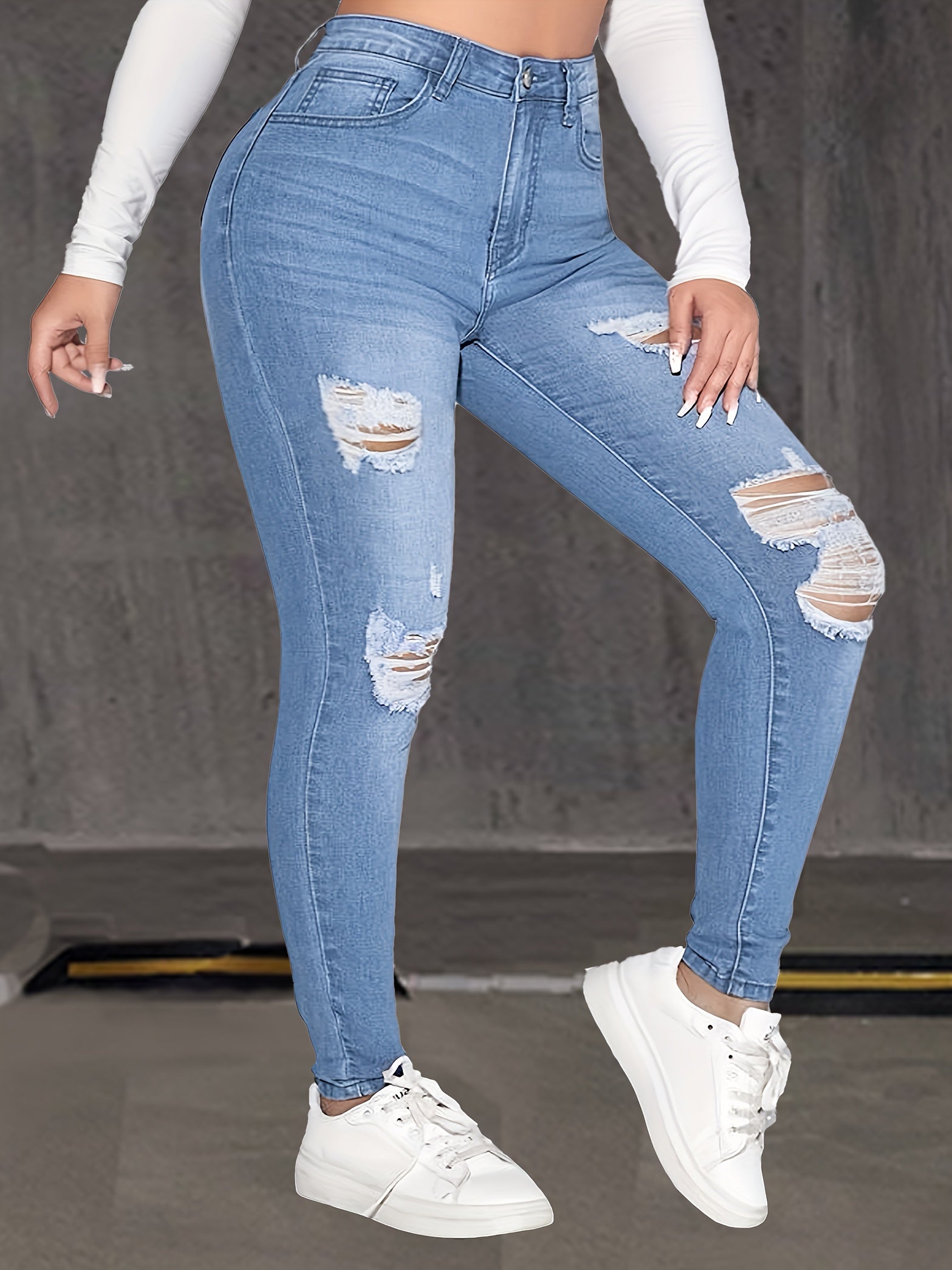 Women's Plus Size Light Blue Distressed Stretch Skinny Jeans - High-Waisted, Button Closure