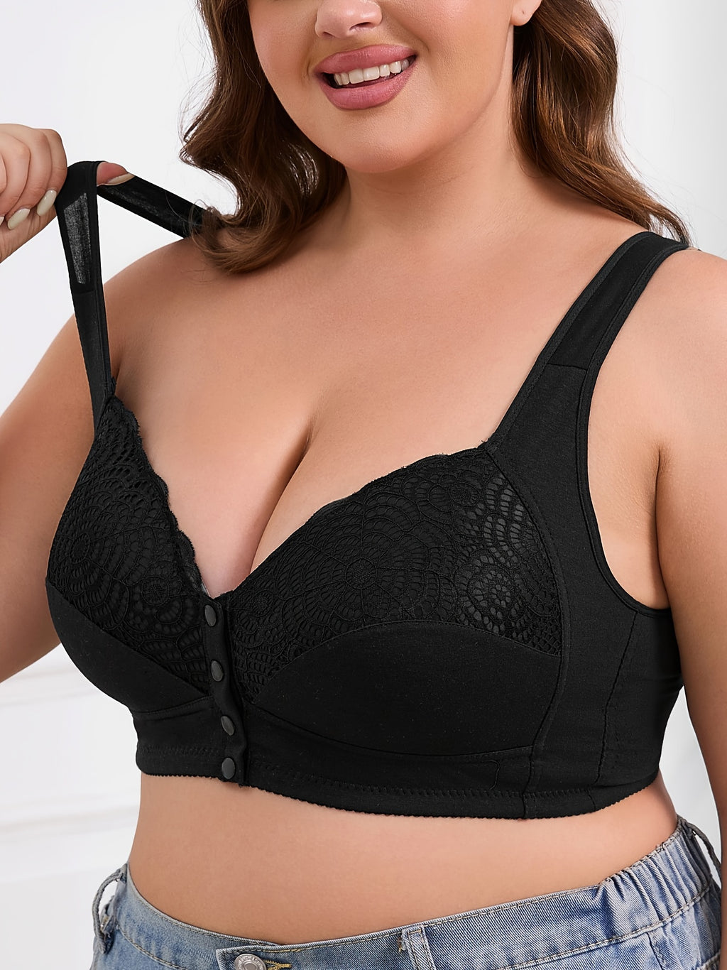 Plus Size Women's Wire-Free Bra Front Closure, Contrast Lace