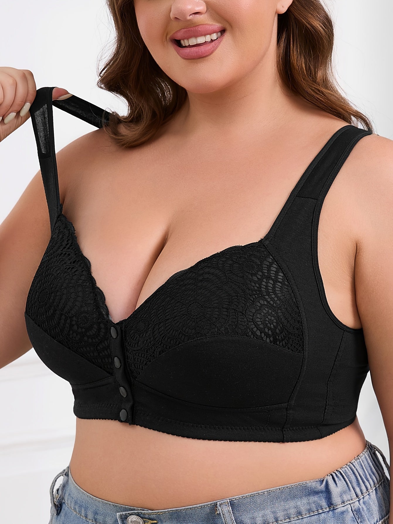 Plus Size Women's Wire-Free Bra Front Closure, Contrast Lace