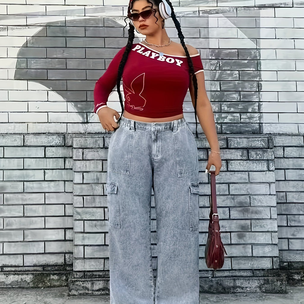 Women's Plus Size Light Blue Cargo Jeans - High-Stretch Denim with Pockets, Casual Style