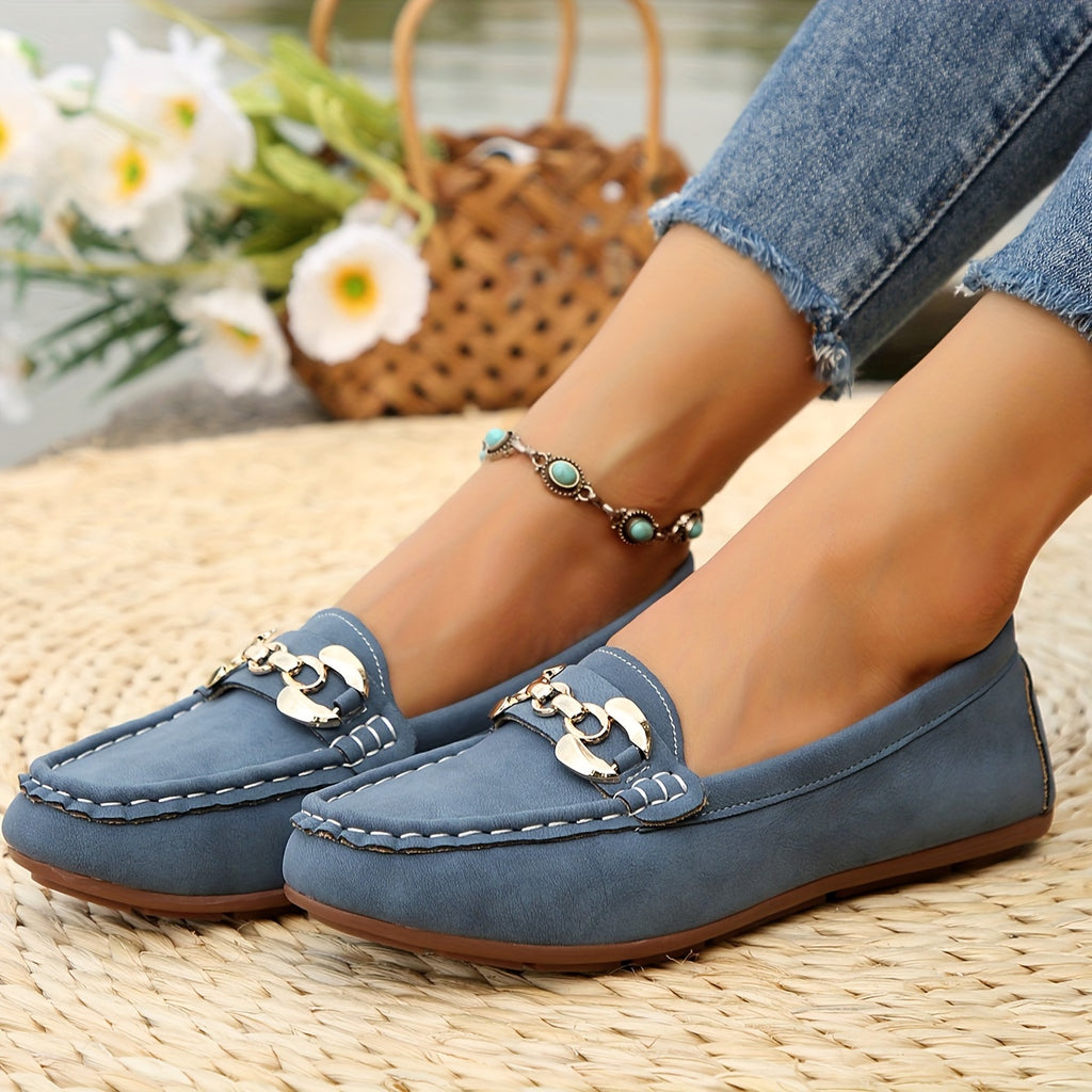 Women's Slip-On Soft Sole Casual Flats with Decorative Chain & Metallic Accents - PU Cover Upper, Breathable Fabric Lining, Rubber Sole - All-