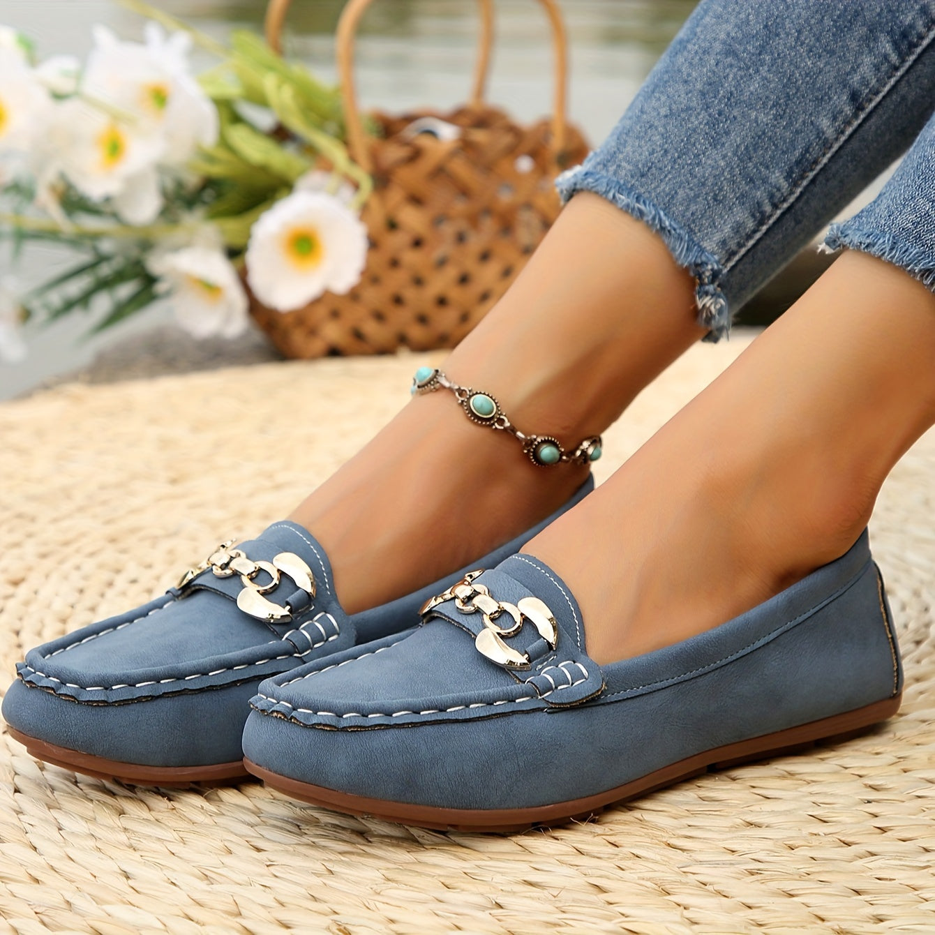 Women's Slip-On Soft Sole Casual Flats with Decorative Chain & Metallic Accents - PU Cover Upper, Breathable Fabric Lining, Rubber Sole - All-