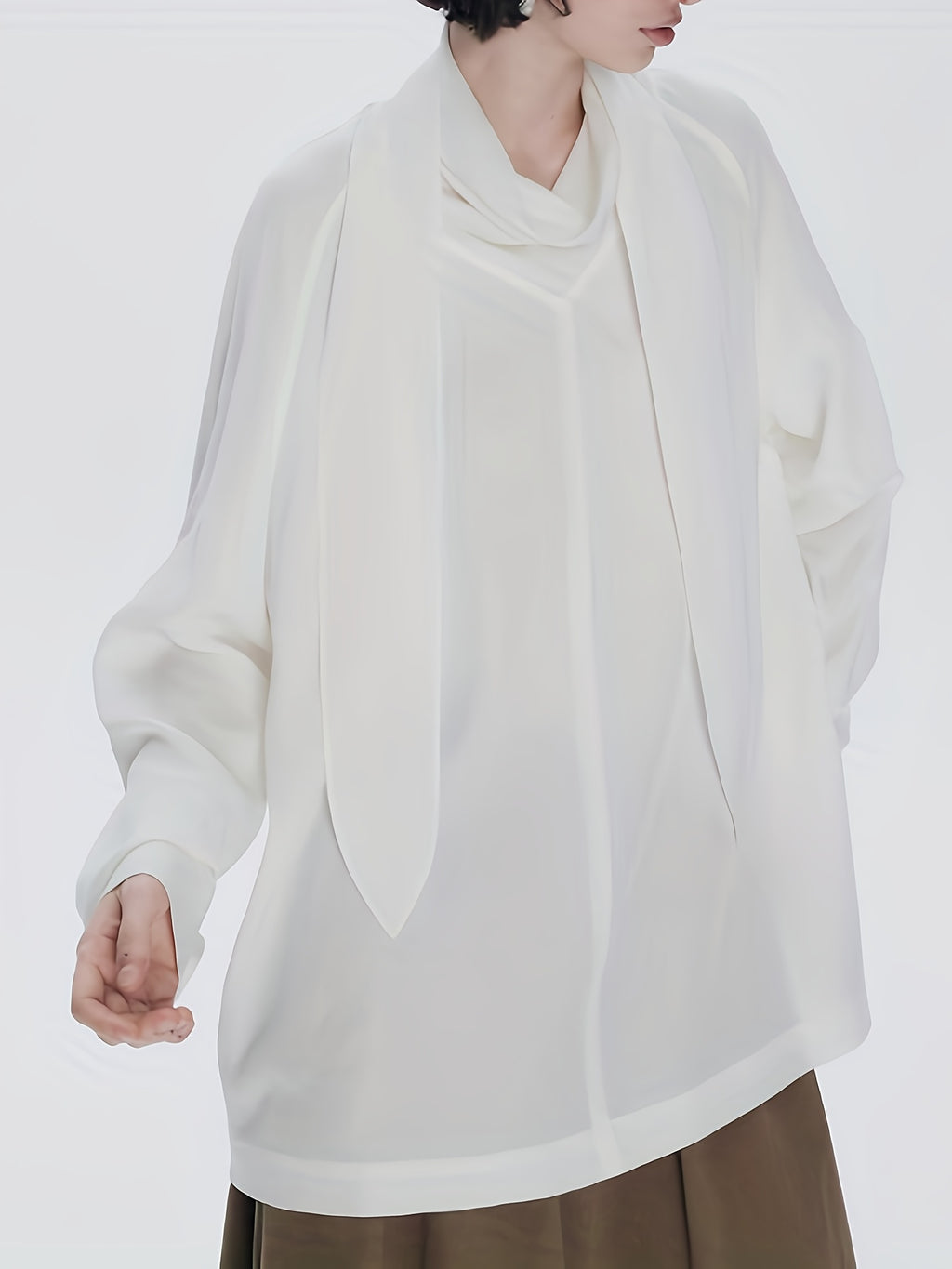 White Scarf Collar/Bow Tie Shirt - Long Sleeve Loose Fit Button- Blouse