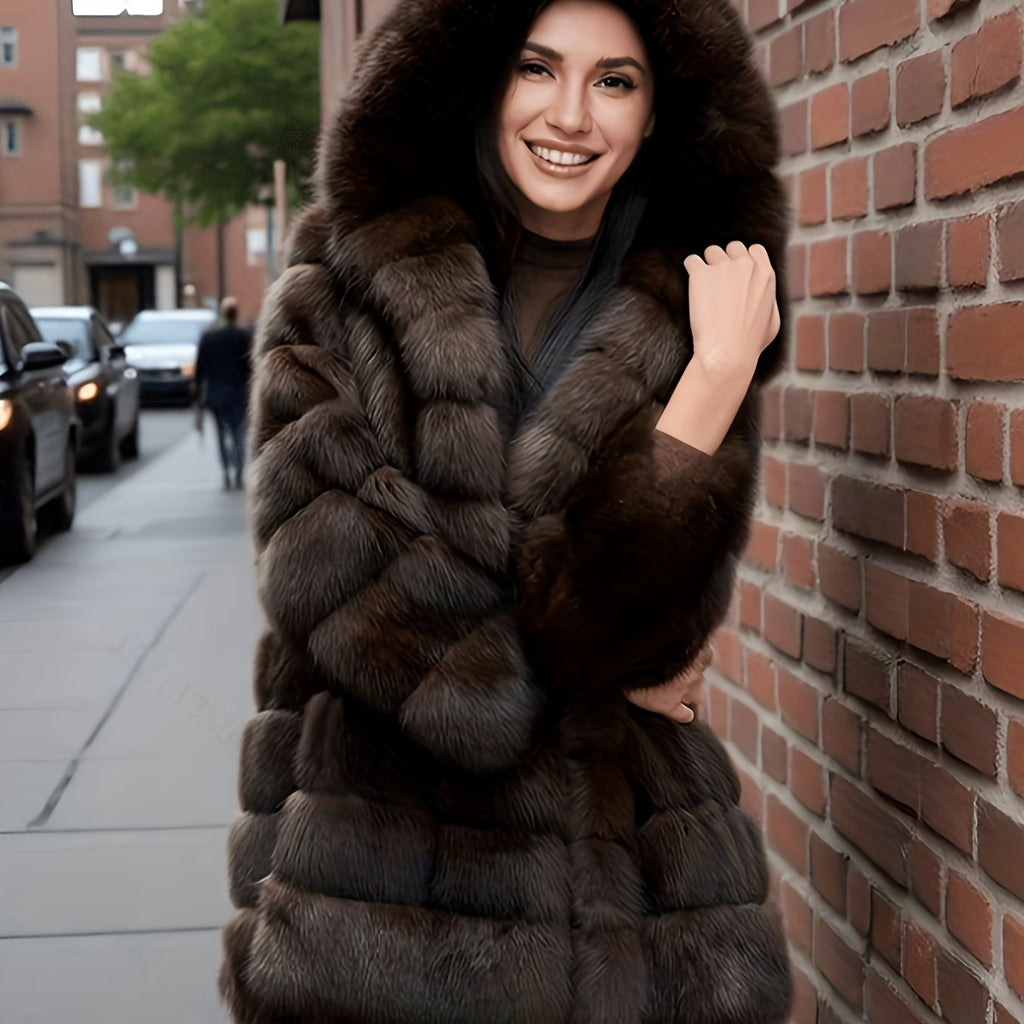 Women's Elegant Faux Fur Coat - Mid-Length Winter Jacket with Front Closure, Flared Hem & Long Sleeves