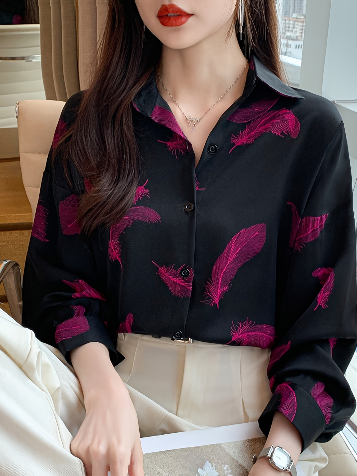 Women's Vintage Print Long Sleeve Polo Shirt, Spring/Fall Casual Loose Fit Lapel Collar Blouse