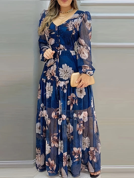 Elegant Floral Print 1pc V-Neck Maxi Dress