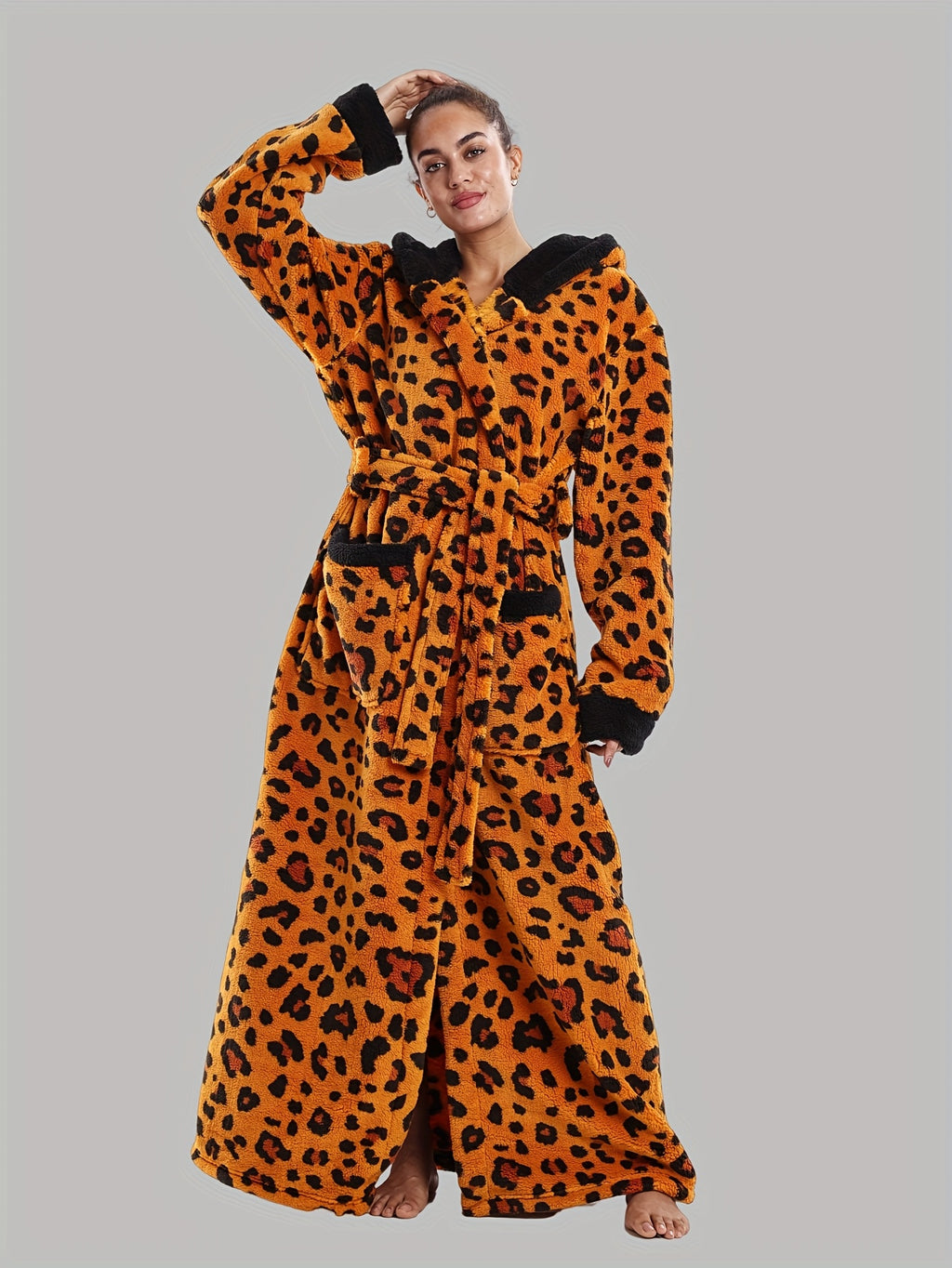 Leopard Print Series - Women's Autumn and Winter - Long Sleeve Hooded Bathrobe
