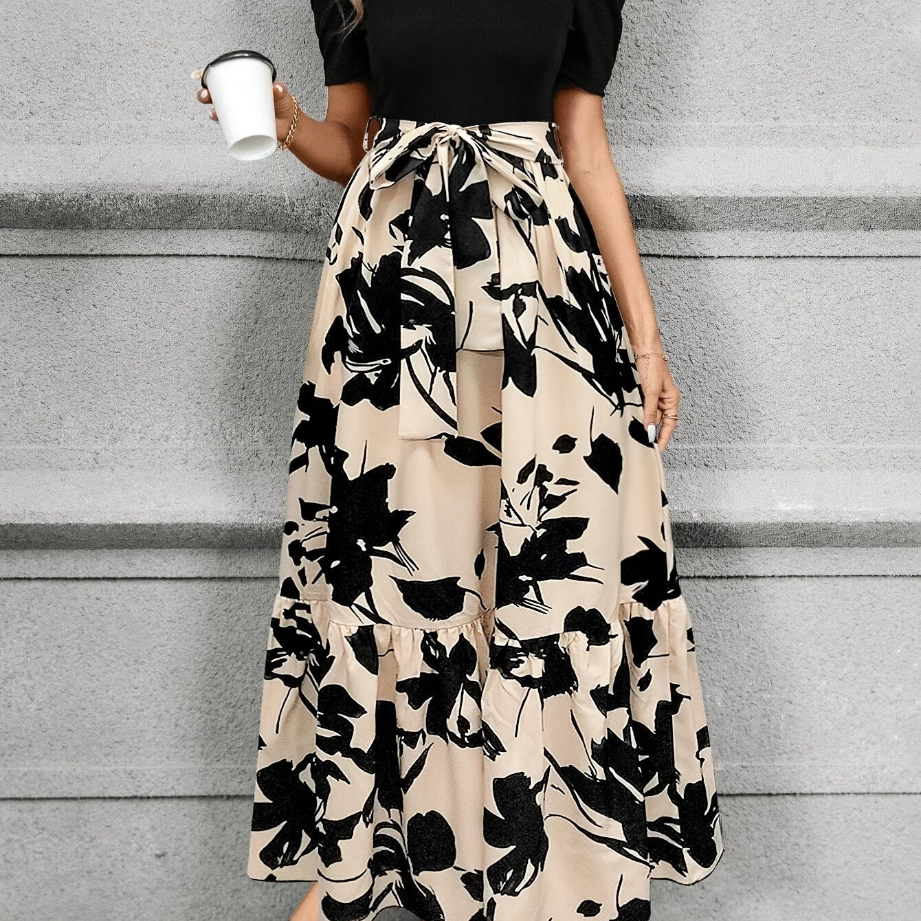 Print Midi Dress with Belt Short Sleeve