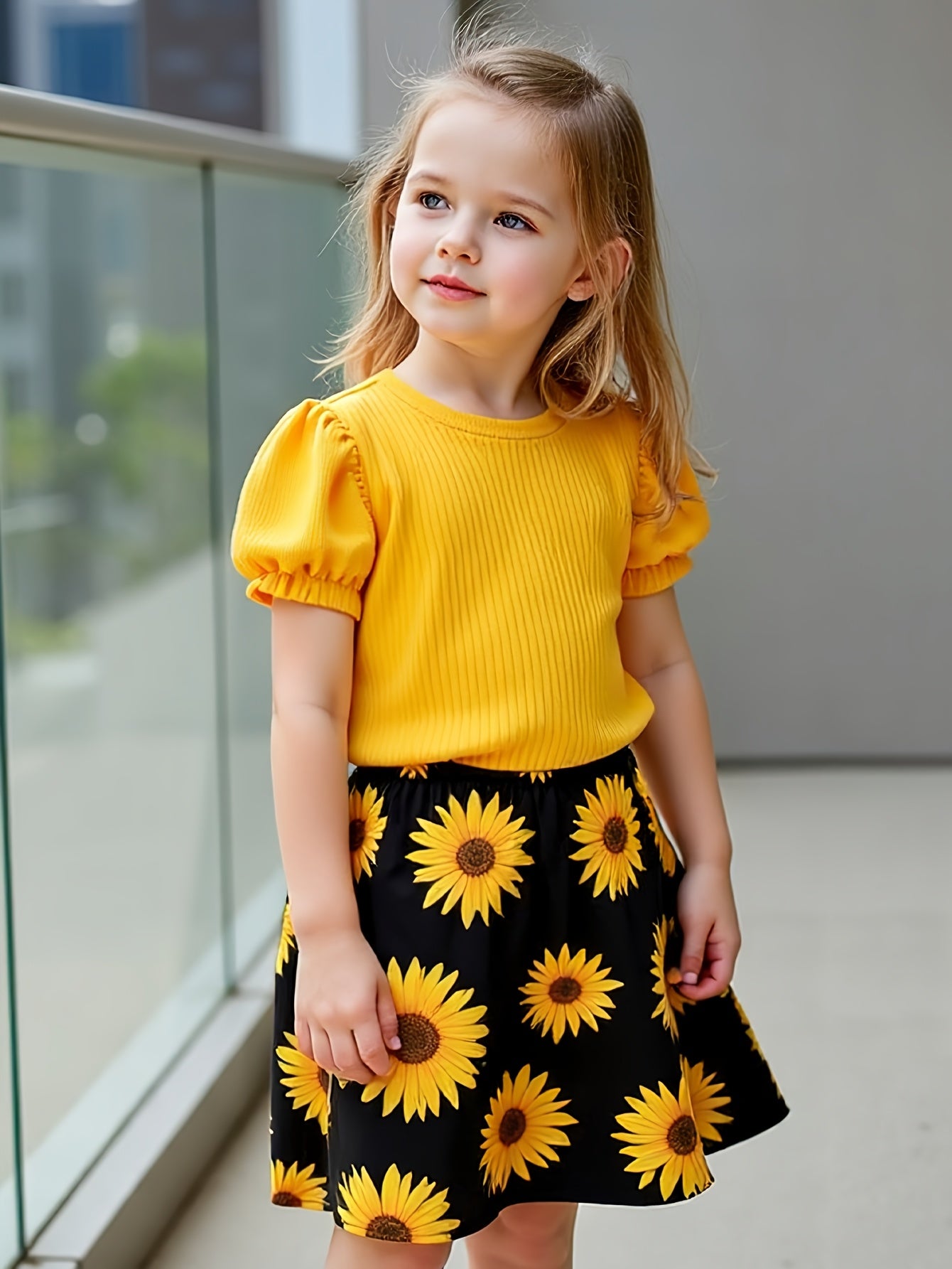 Girls' Sunflower Print Short Sleeve Top + Skirt Set